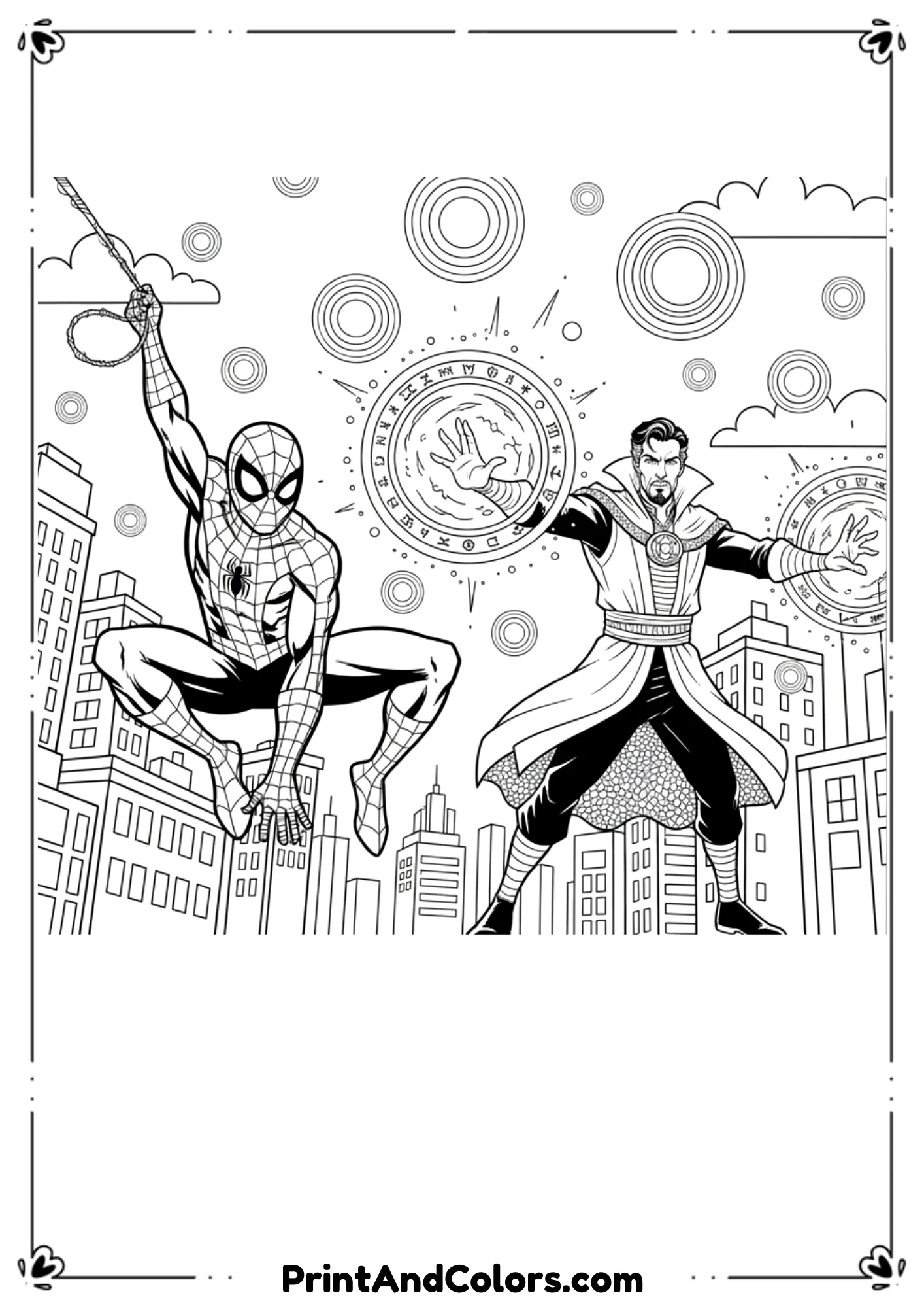 Spider-Man swinging beside Doctor Strange casting a magical portal, clean Marvel outline style.
