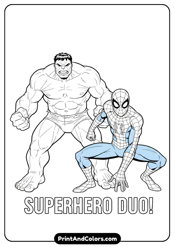 Black and white line-art of Hulk and Spider-Man standing side by side, superhero poses, clean comic outlines, printable.