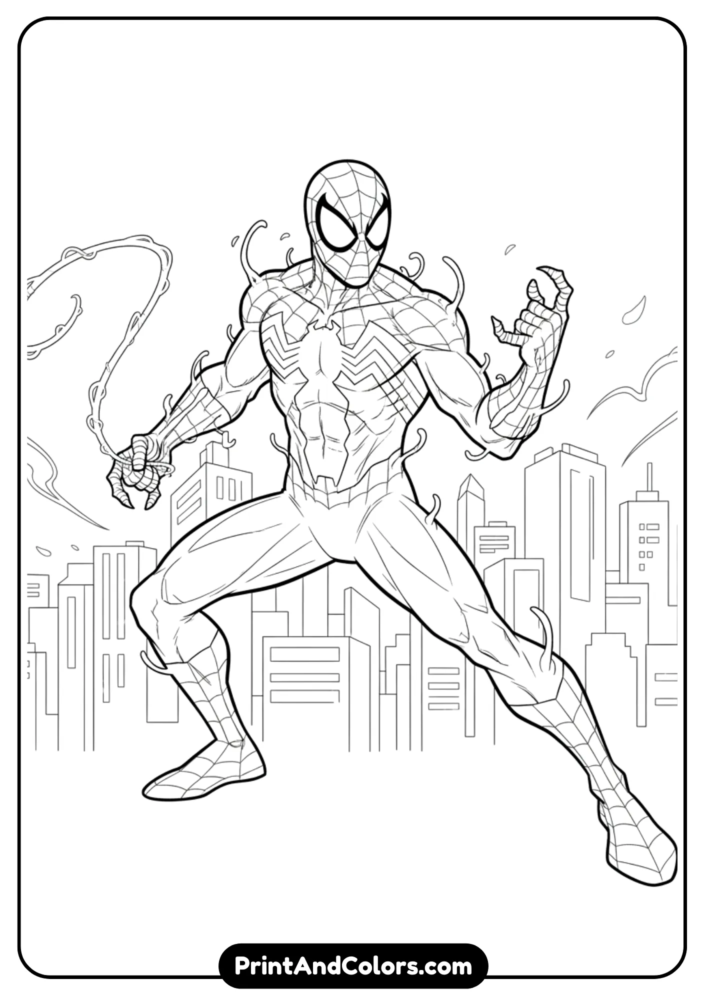 Spider-Man fully covered in Venom symbiote suit, standing in dynamic superhero pose with web-shooting hand raised