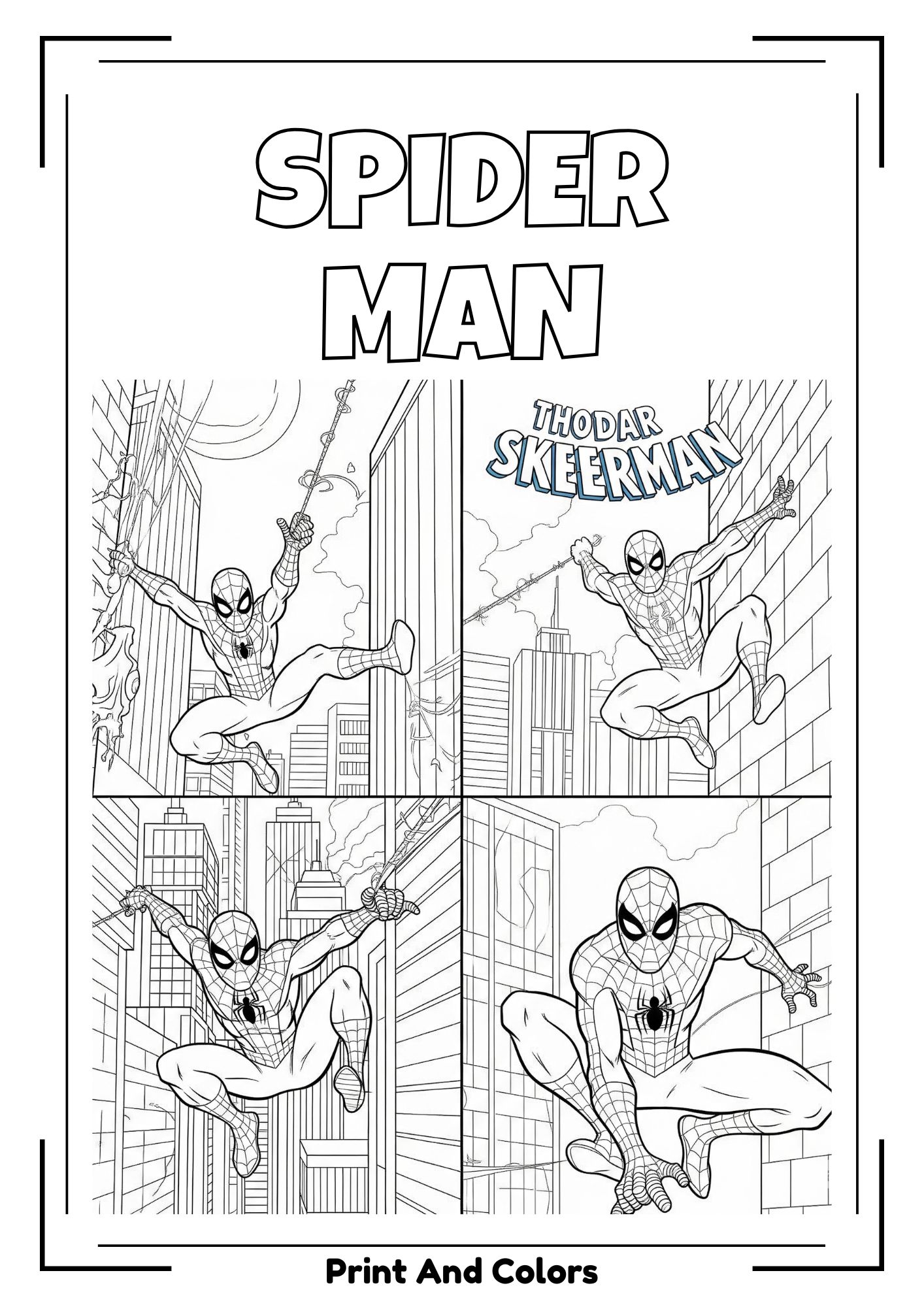 Spider-Man coloring pages with wall-crawling, web-slinging, and dynamic superhero poses.
