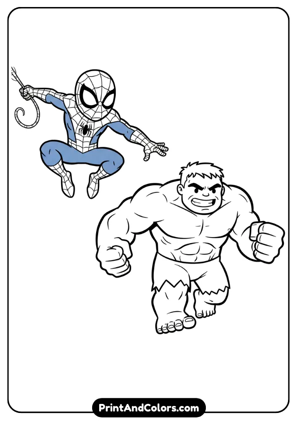 Kid-friendly line-art of Spider-Man swinging beside Hulk who is running forward, simplified outlines, no background details.