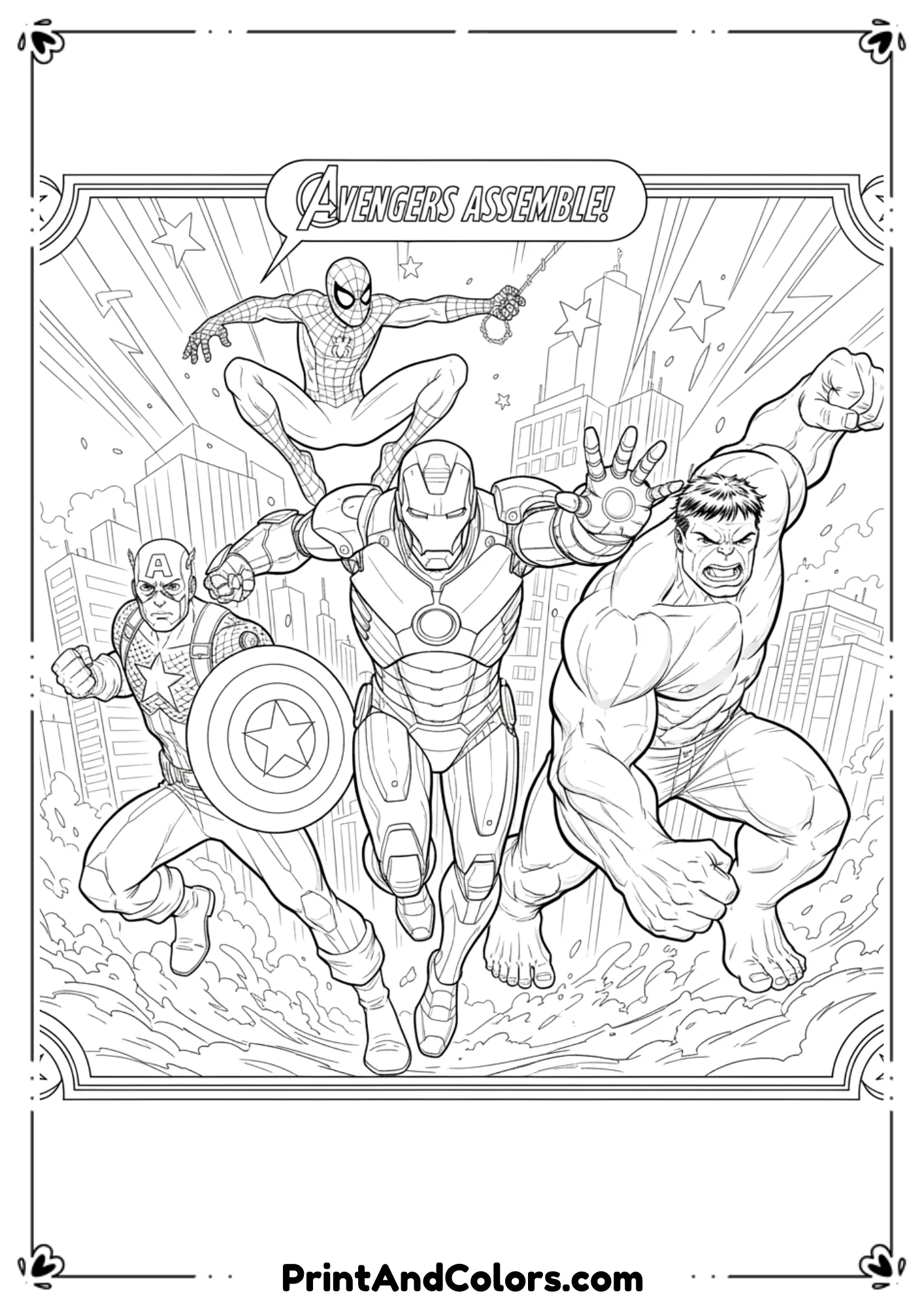 Line art of four Avengers (Spider-Man, Iron Man, Captain America, Hulk) in action team pose.
