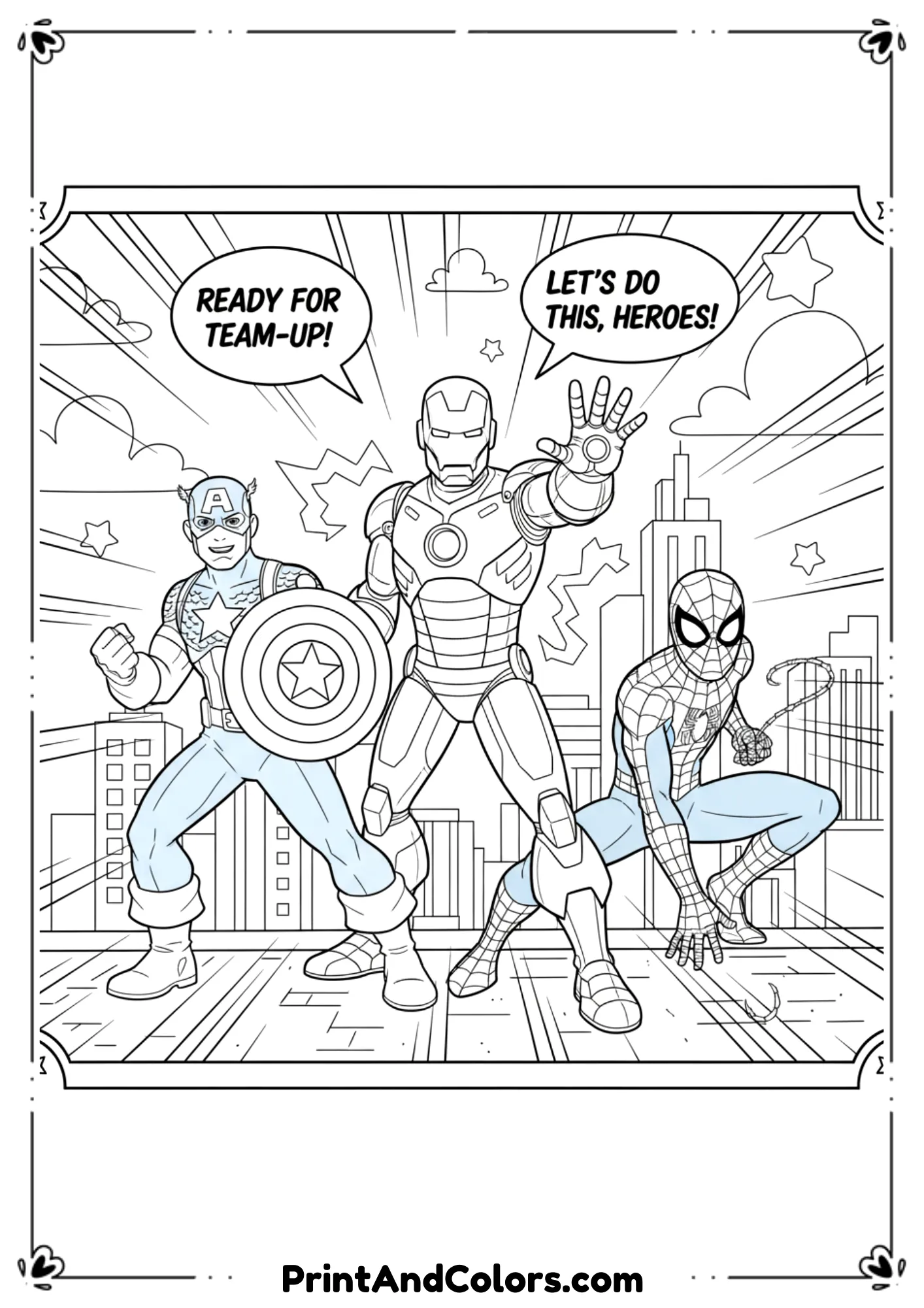  Line art of four Avengers (Spider-Man, Iron Man, Captain America, Hulk) in action team pose.
