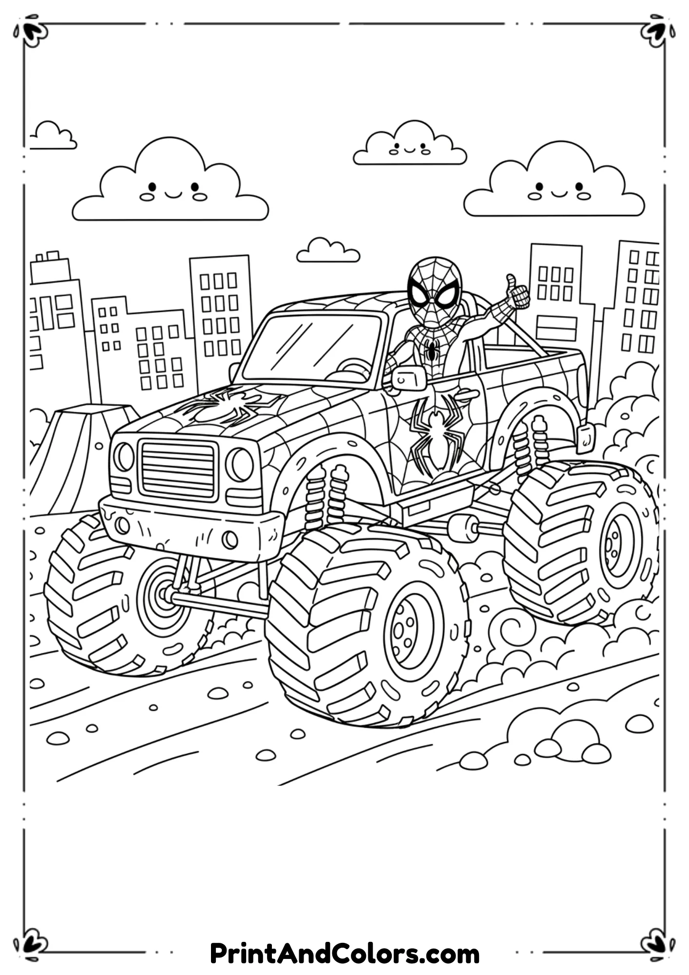  Spider-Man driving a monster truck decorated with web designs, bold chunky outlines.