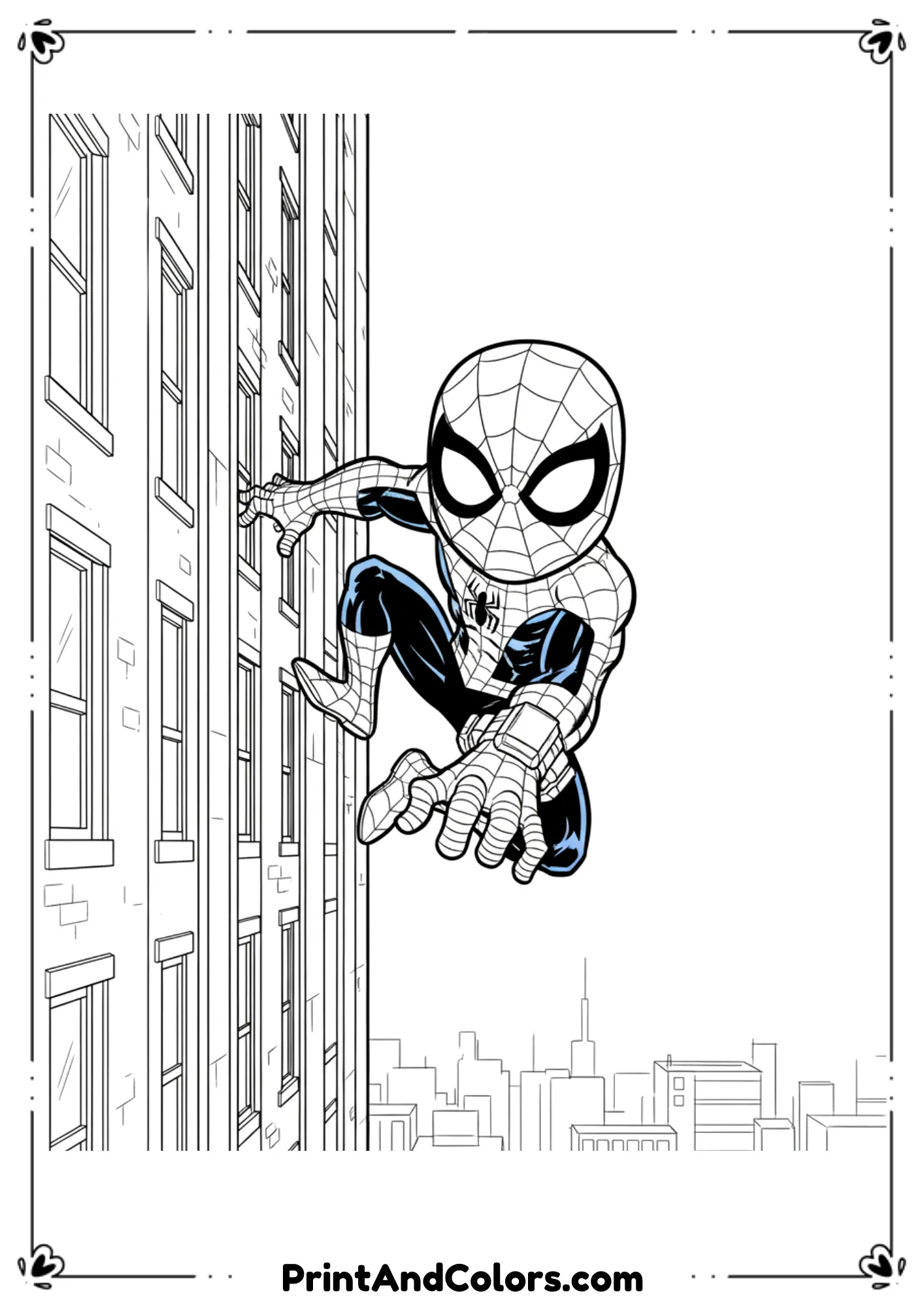  Spider-Man climbing up a tall skyscraper with web shooters ready, strong comic line work.
