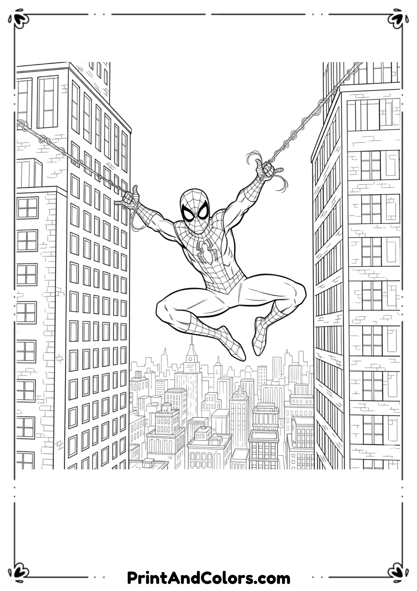  Spider-Man swinging with webs between two tall skyscrapers, city details in background outlines.
