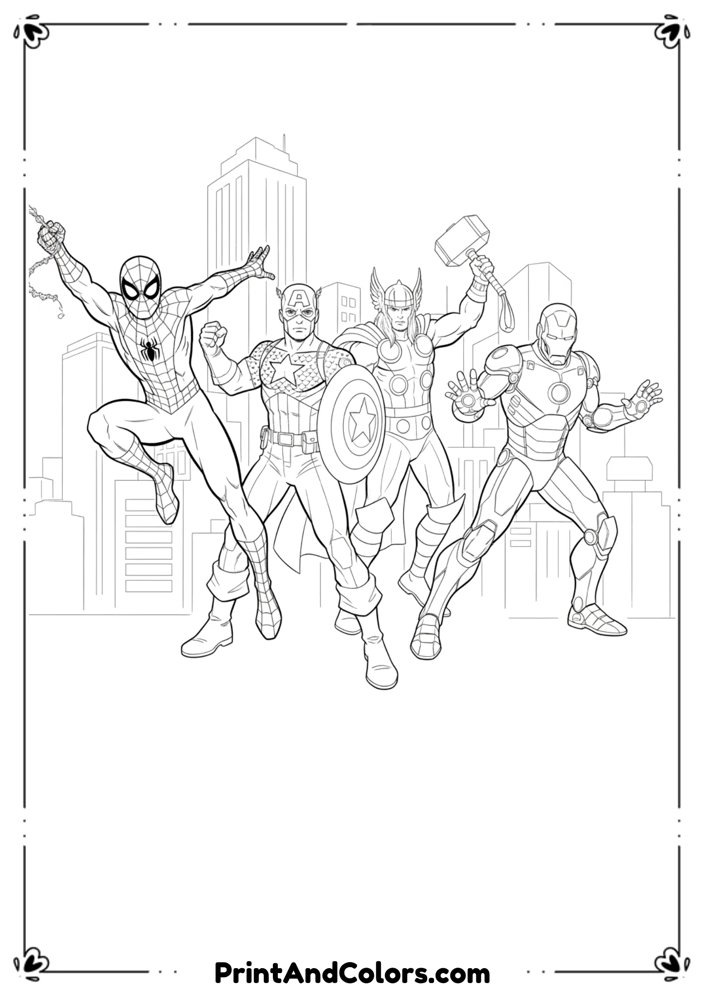 Spider-Man swinging next to Avengers heroes like Captain America, Thor, and Iron Man in a team pose, clean outlines.