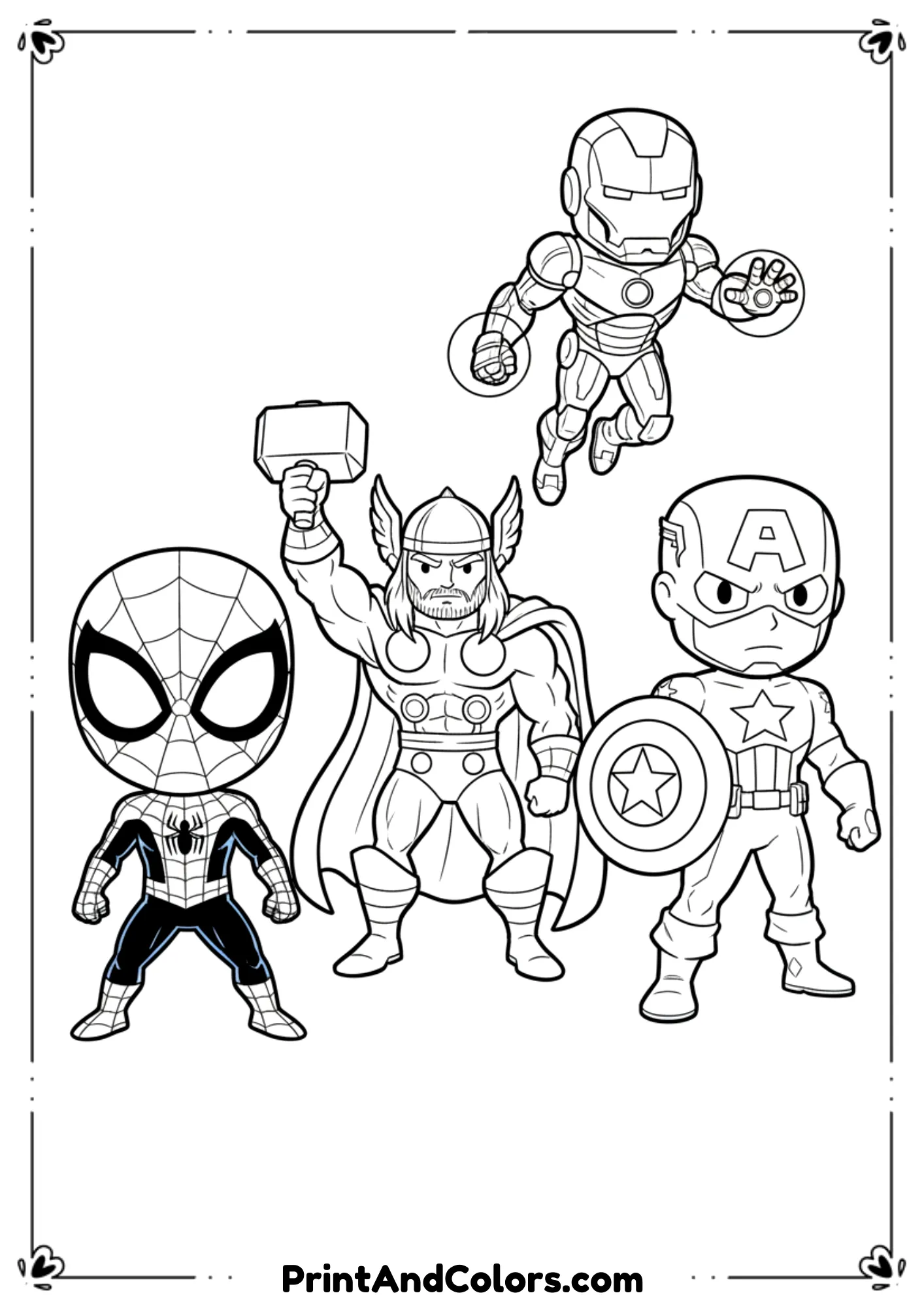 Outline art of Spider-Man with Thor holding hammer, Captain America with shield, and Iron Man flying.
