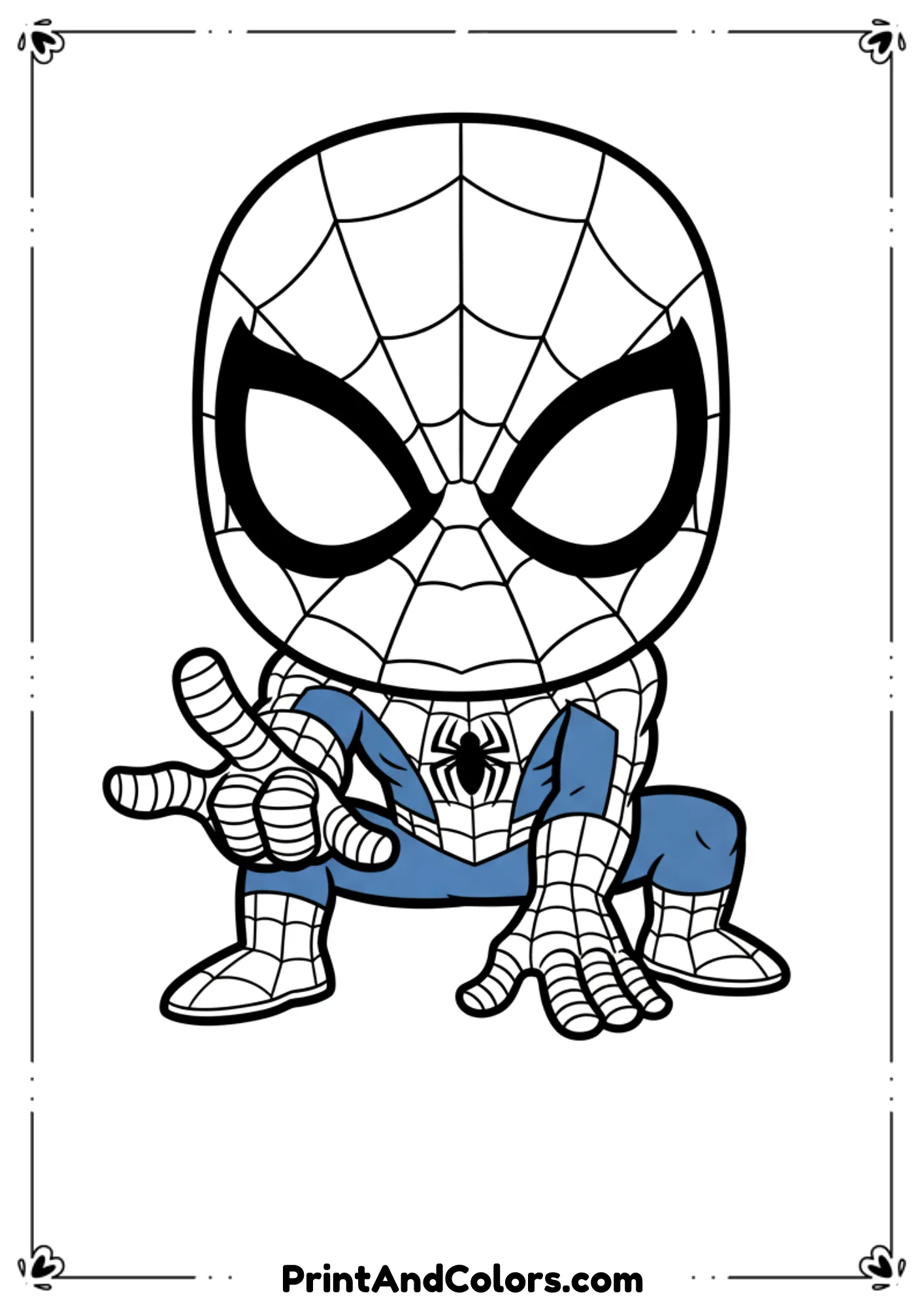  Spider-Man crouched, aiming web shooters forward, bold outlines for coloring.
