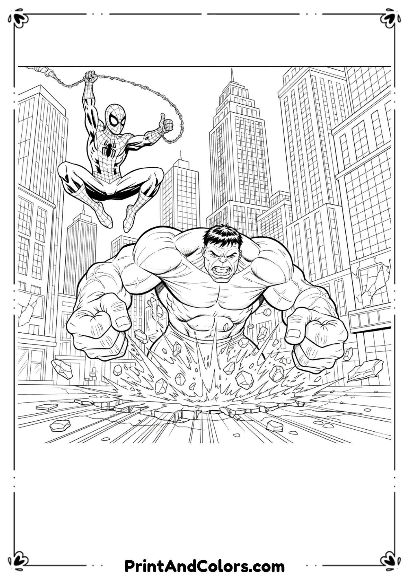  Spider-Man swinging while Hulk smashes the ground, action-packed outline art.
