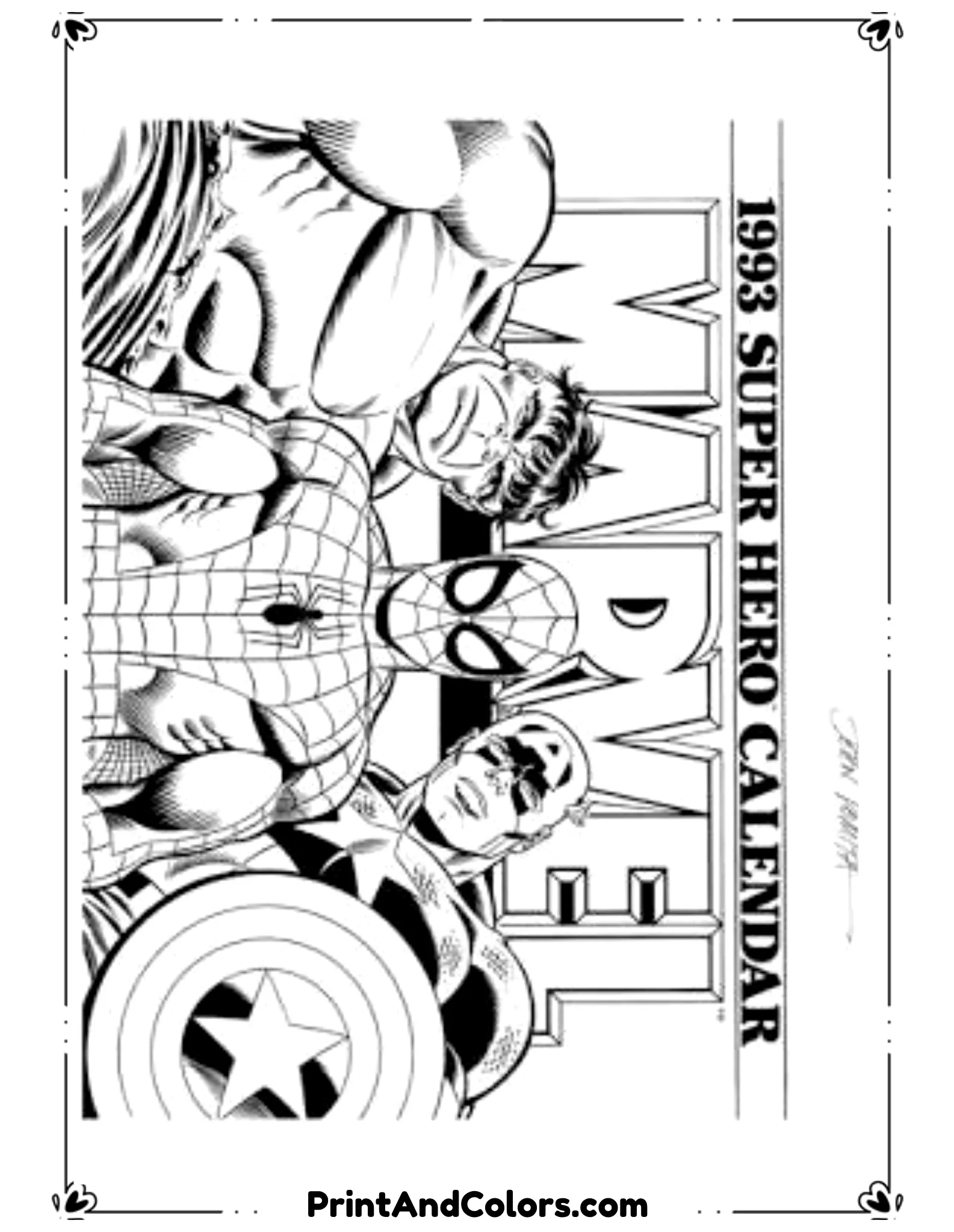 Create an action-packed black and white line art illustration featuring Captain America alongside Spider-Man and Hulk. Captain America stands in the center with his shield, Spider-Man poses dynamically nearby, and Hulk appears strong and powerful behind them. Keep character details clear but simplified, with thick outlines and minimal background to ensure the page is easy and fun to color.