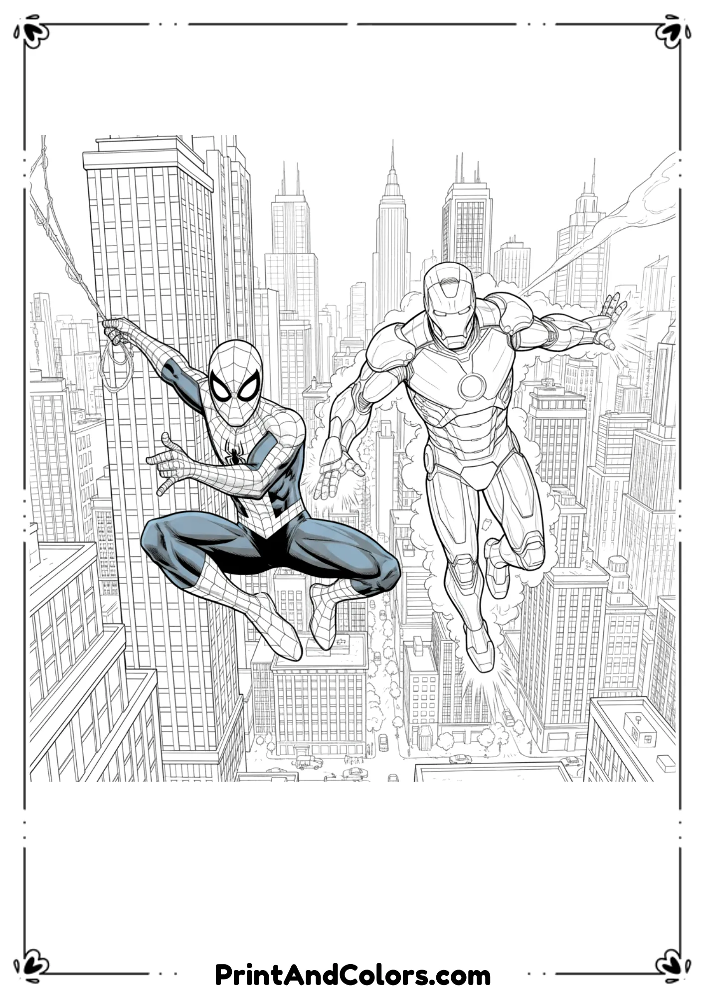 Spider-Man swinging next to Iron Man flying with repulsors, clean detailed outlines.