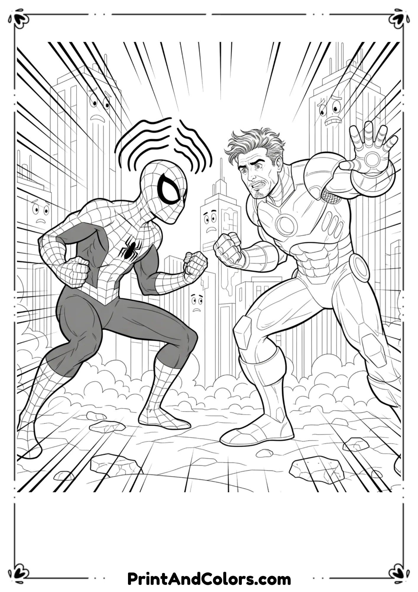 Spider-Man and Venom standing face-to-face in a tense battle stance, comic-style line drawing.
