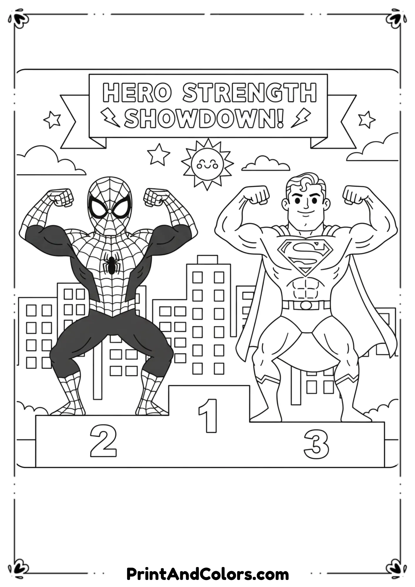 Spider-Man and Venom in a dramatic fight scene in a dark alley, exaggerated comic-style muscles, strong line art for coloring.
