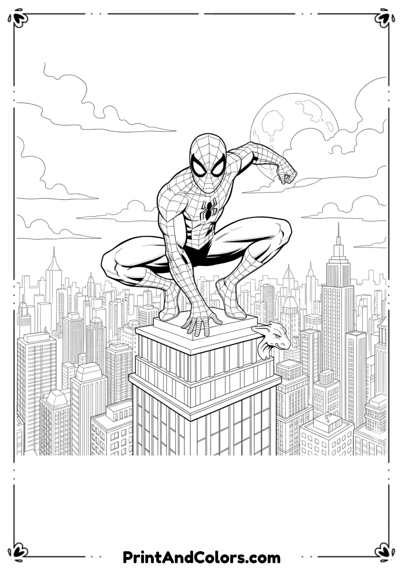 Spider-Man crouching on top of a skyscraper, city skyline in the background, heroic pose in clean black-and-white lines.
