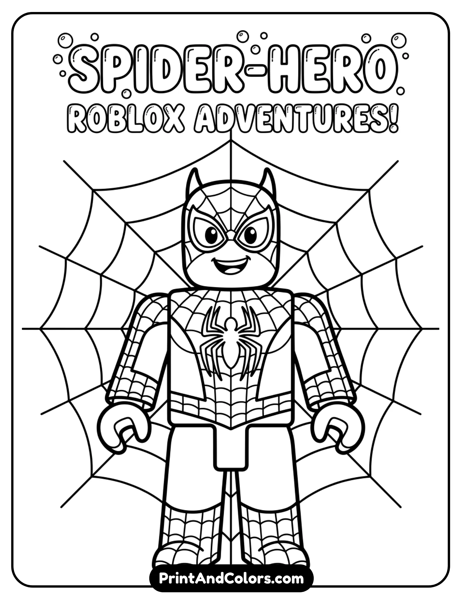 Roblox character dressed as a spider hero, simple web pattern behind, friendly look, bold outlines, no shading