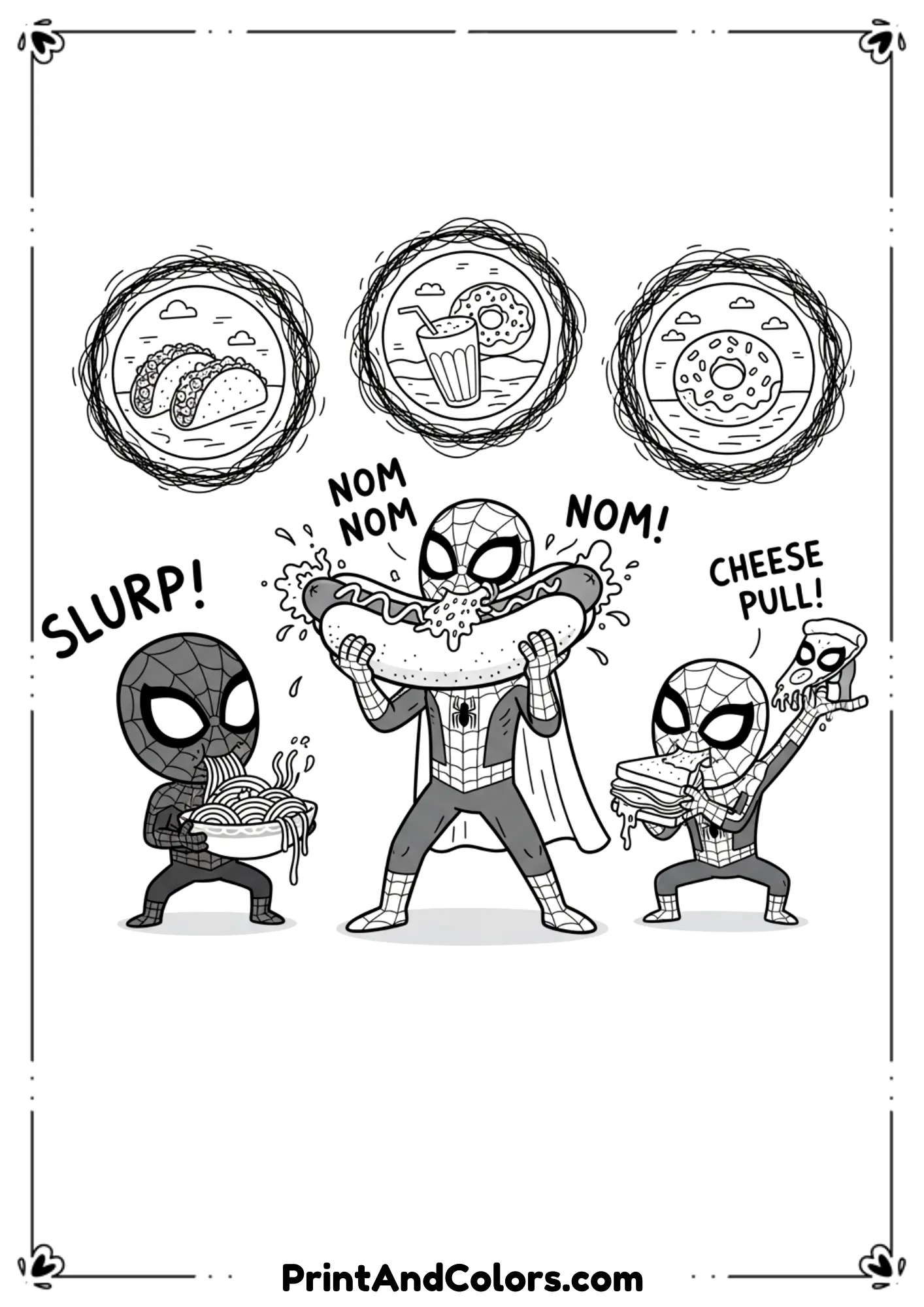  Multiple Spider-Man versions (Peter Parker, Miles, Spider-Gwen) together in one comic-style scene.
