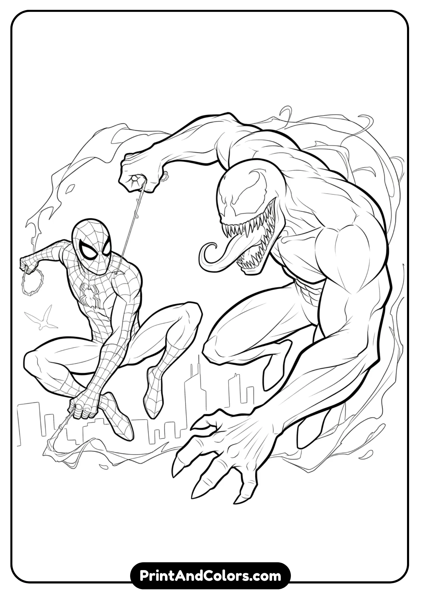 Venom facing Spider-Man in a battle stance. Black-and-white outlines, Spider-Man web-slinging while Venom lunges. Simple background city skyline