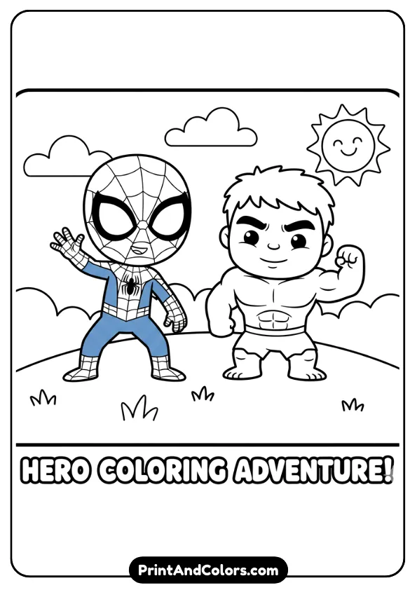 Cute cartoon version of Spidey (Spidey and Friends style) standing beside chibi Hulk, kid-safe proportions, thick outlines