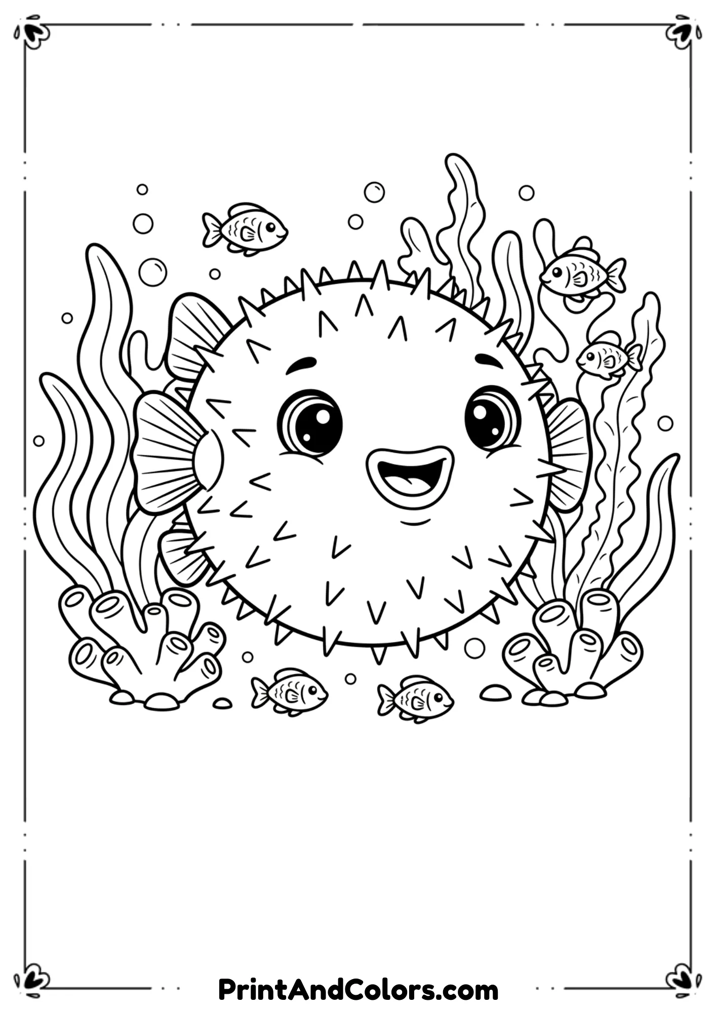 Round spiky pufferfish with big eyes, smiling expression. Add tiny reef fish, wavy seaweed, and simple coral shapes. Clean black and white lines.