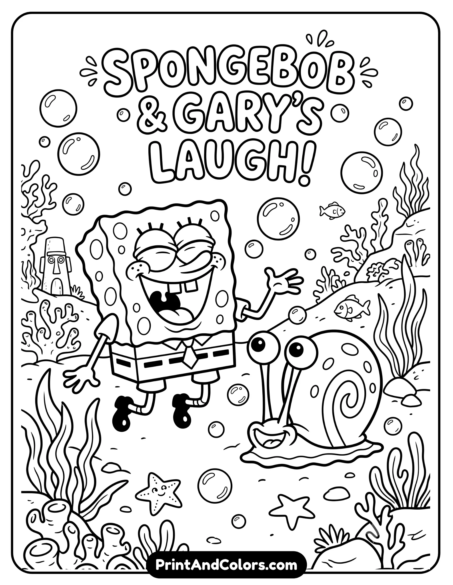 Cute black and white coloring page of SpongeBob laughing beside Gary the Snail, happy expressions, bubbles floating around them, underwater cartoon background with sea plants and rocks, printable line art with clean bold outlines