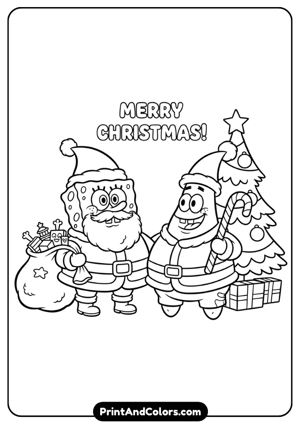 SpongeBob and Patrick in Santa outfits with simple shapes, exaggerated cartoon style, and easy lines for preschoolers