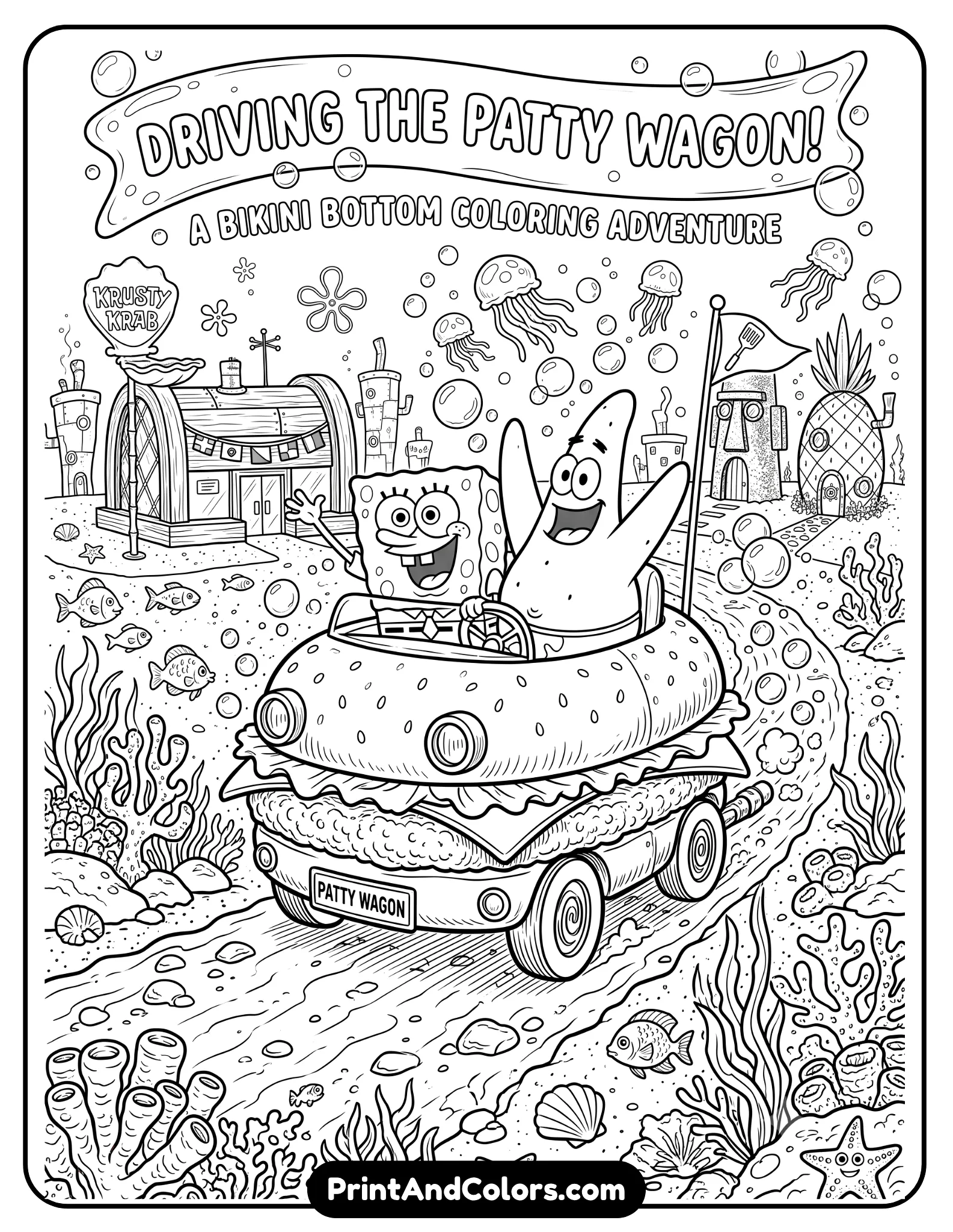 Detailed black and white coloring page of SpongeBob and Patrick driving the Patty Wagon through Bikini Bottom, cartoon burger-shaped vehicle, bubbles and underwater scenery around them, playful expressions, printable coloring sheet style
