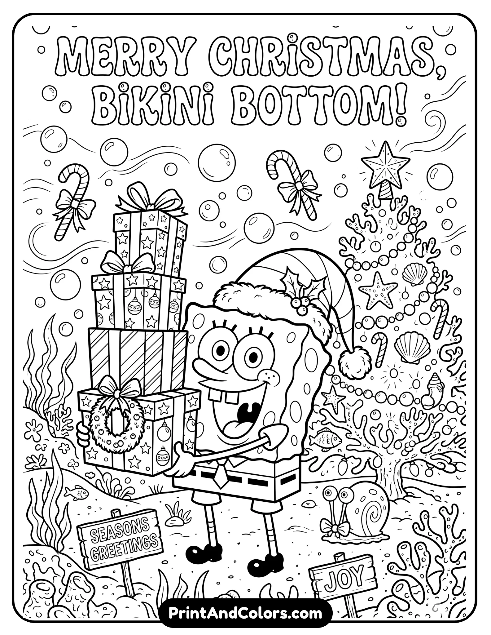 Festive black and white coloring page of SpongeBob wearing a Santa hat and holding presents underwater, decorated Christmas tree with seashell ornaments, bubbles and candy canes, printable cartoon line art, detailed holiday theme