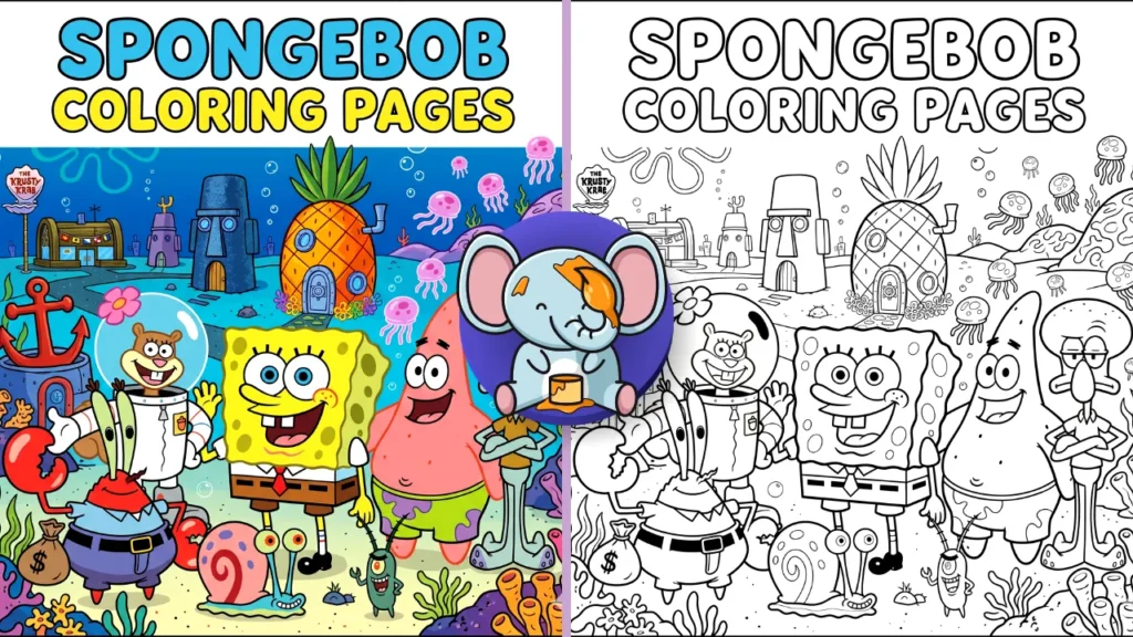 Colorful underwater SpongeBob-inspired scene featuring SpongeBob, Patrick, Sandy, Squidward, Mr. Krabs, Gary, and Bikini Bottom landmarks for a printable coloring pages collection.