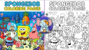 Colorful underwater SpongeBob-inspired scene featuring SpongeBob, Patrick, Sandy, Squidward, Mr. Krabs, Gary, and Bikini Bottom landmarks for a printable coloring pages collection.