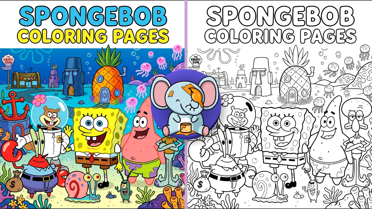 Colorful underwater SpongeBob-inspired scene featuring SpongeBob, Patrick, Sandy, Squidward, Mr. Krabs, Gary, and Bikini Bottom landmarks for a printable coloring pages collection.