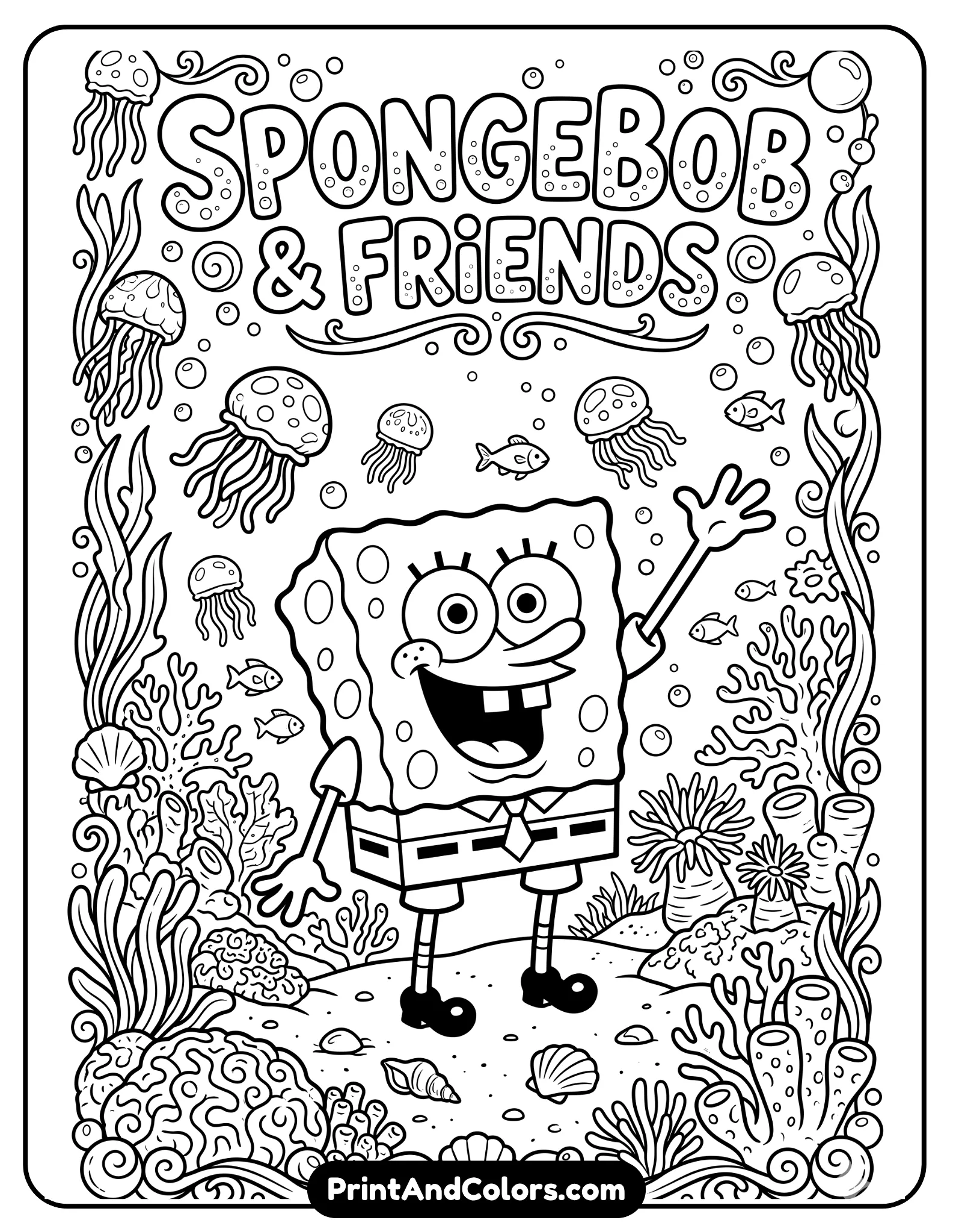 Black and white printable coloring page featuring SpongeBob waving happily with decorative border elements, bubbles, jellyfish, coral reefs, simple clean line art optimized for printable PDF coloring sheets, cartoon style with bold outlines