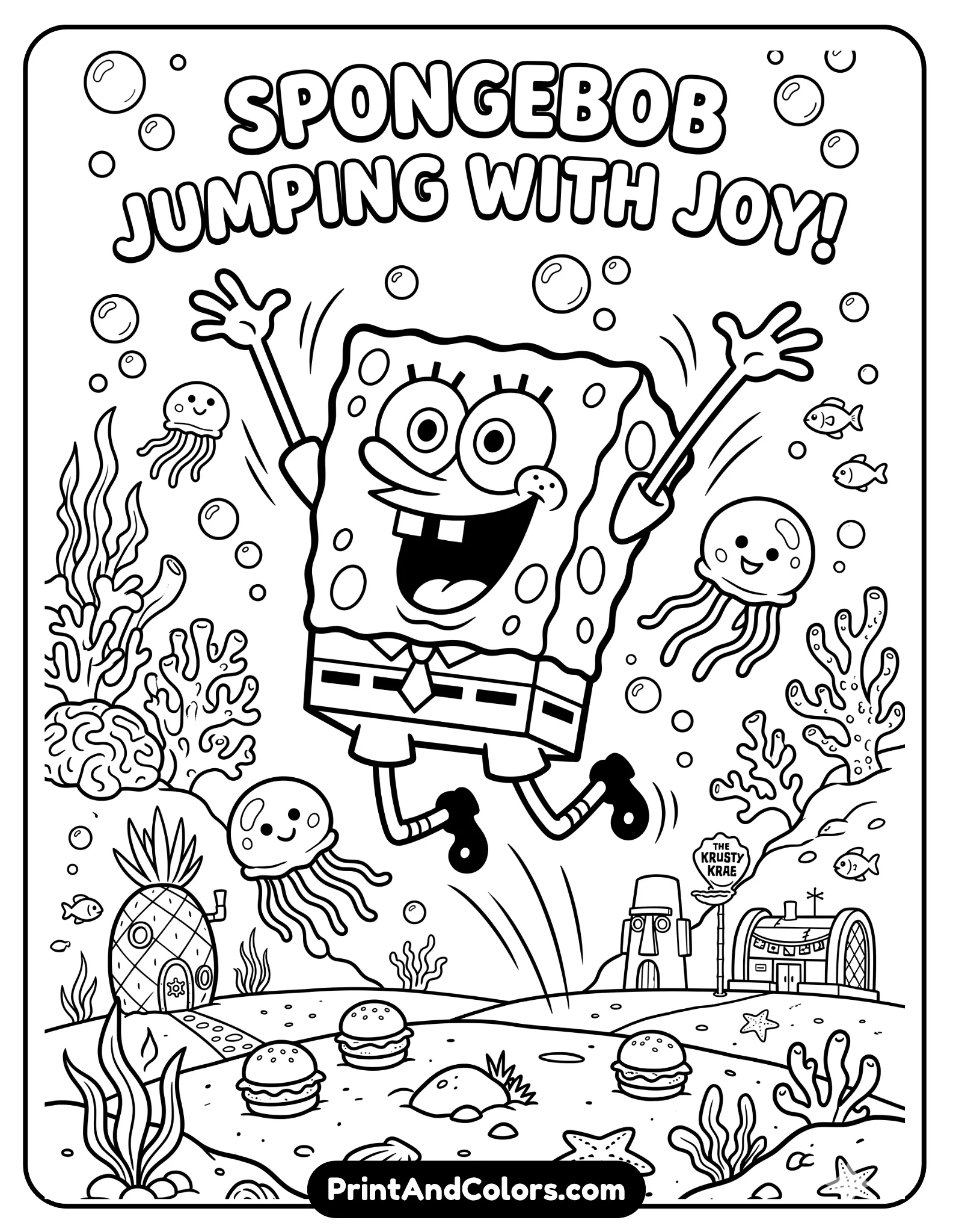 Black and white line art coloring page of SpongeBob jumping with excitement in Bikini Bottom, playful underwater details, bubbles and jellyfish around him, thick printable outlines, easy-to-color cartoon artwork for children