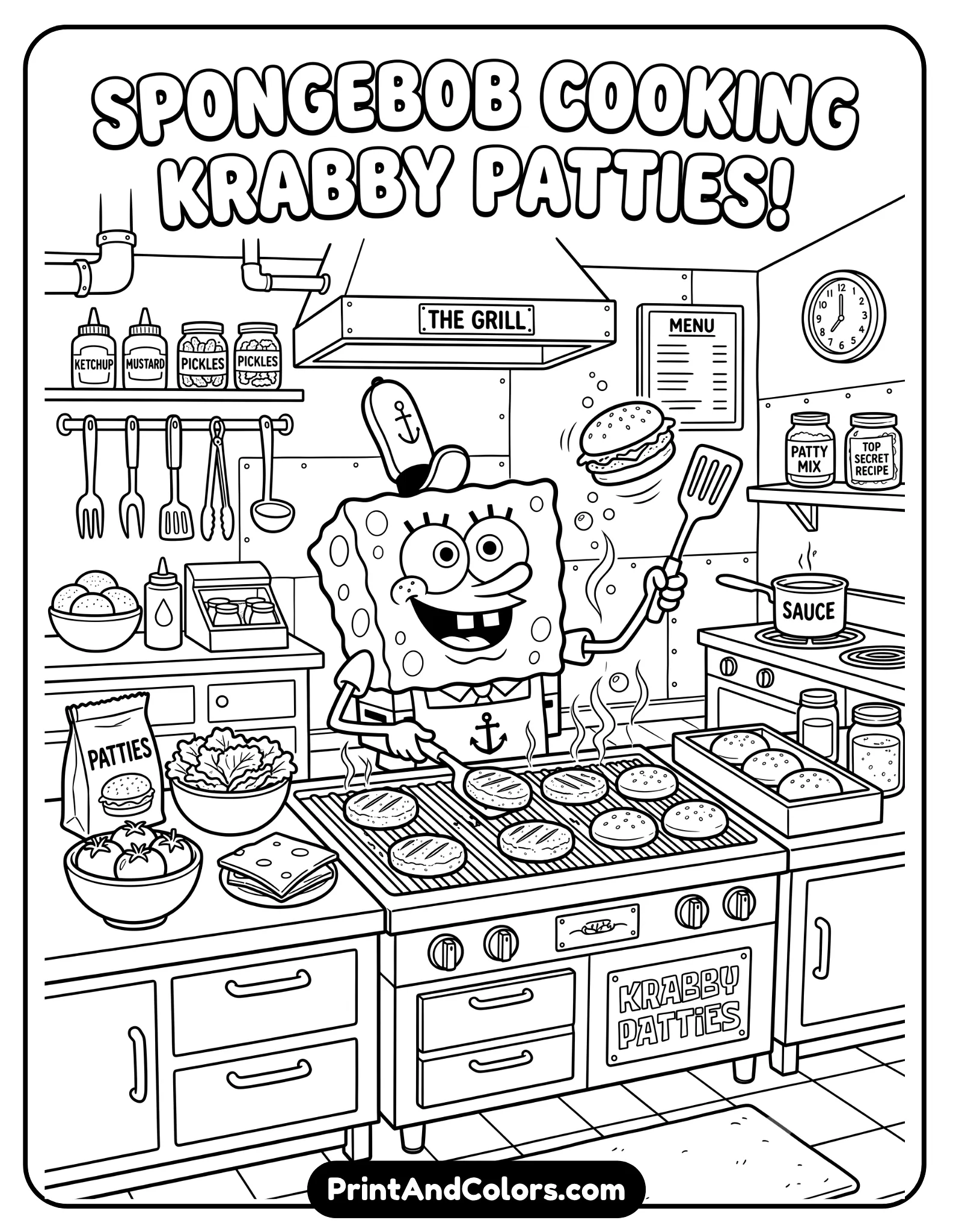 Black and white printable coloring page of SpongeBob cooking Krabby Patties in the Krusty Krab kitchen, flipping burgers on grill, utensils, chef hat, kitchen counters and ingredients, detailed cartoon line art with bold clean outlines