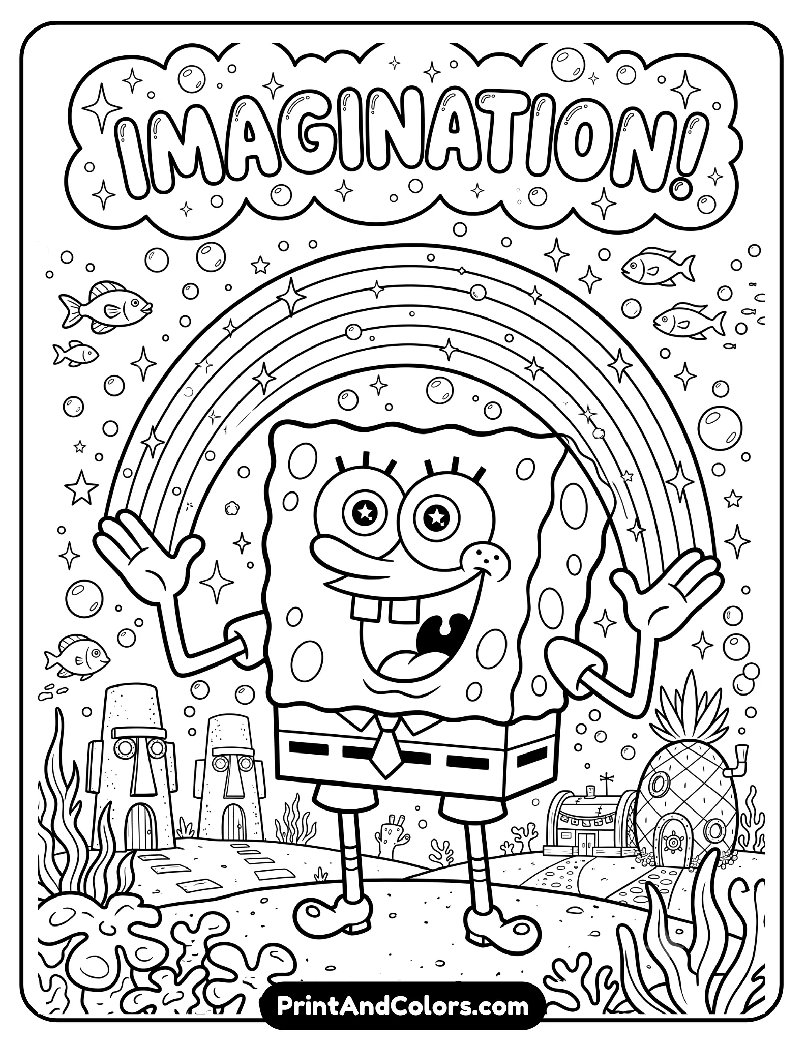 Black and white coloring page of SpongeBob making a rainbow gesture with his hands, magical cartoon expression, floating sparkles and bubbles around him, Bikini Bottom background, clean bold outlines, printable meme-inspired coloring sheet