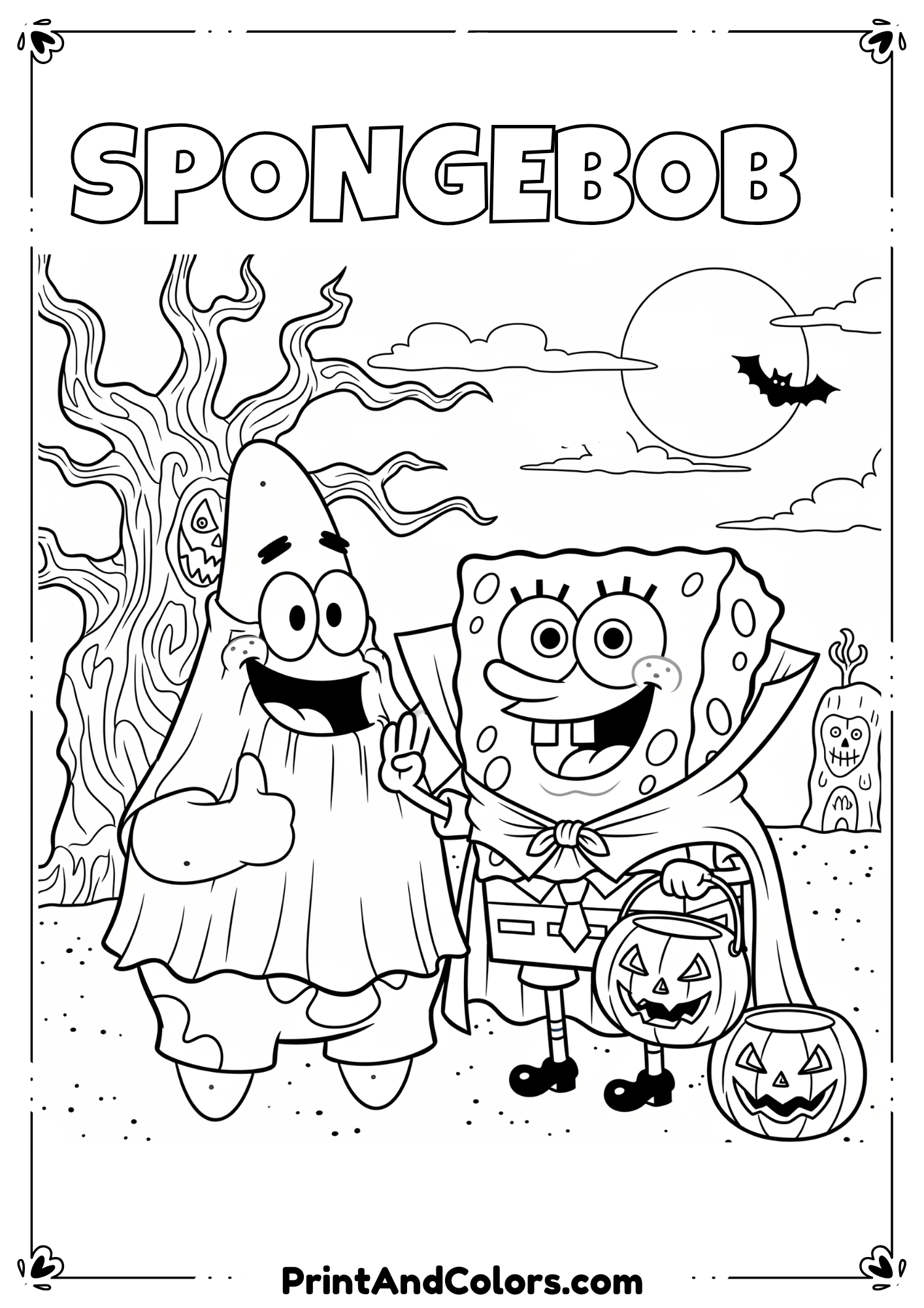 SpongeBob dressed as a vampire holding pumpkin candy bucket in cartoon-style line art.