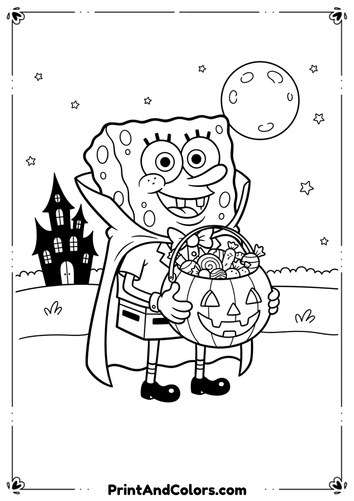  SpongeBob dressed as a vampire holding pumpkin candy bucket in cartoon-style line art.
 SpongeBob dressed as a vampire holding pumpkin candy bucket in cartoon-style line art.
