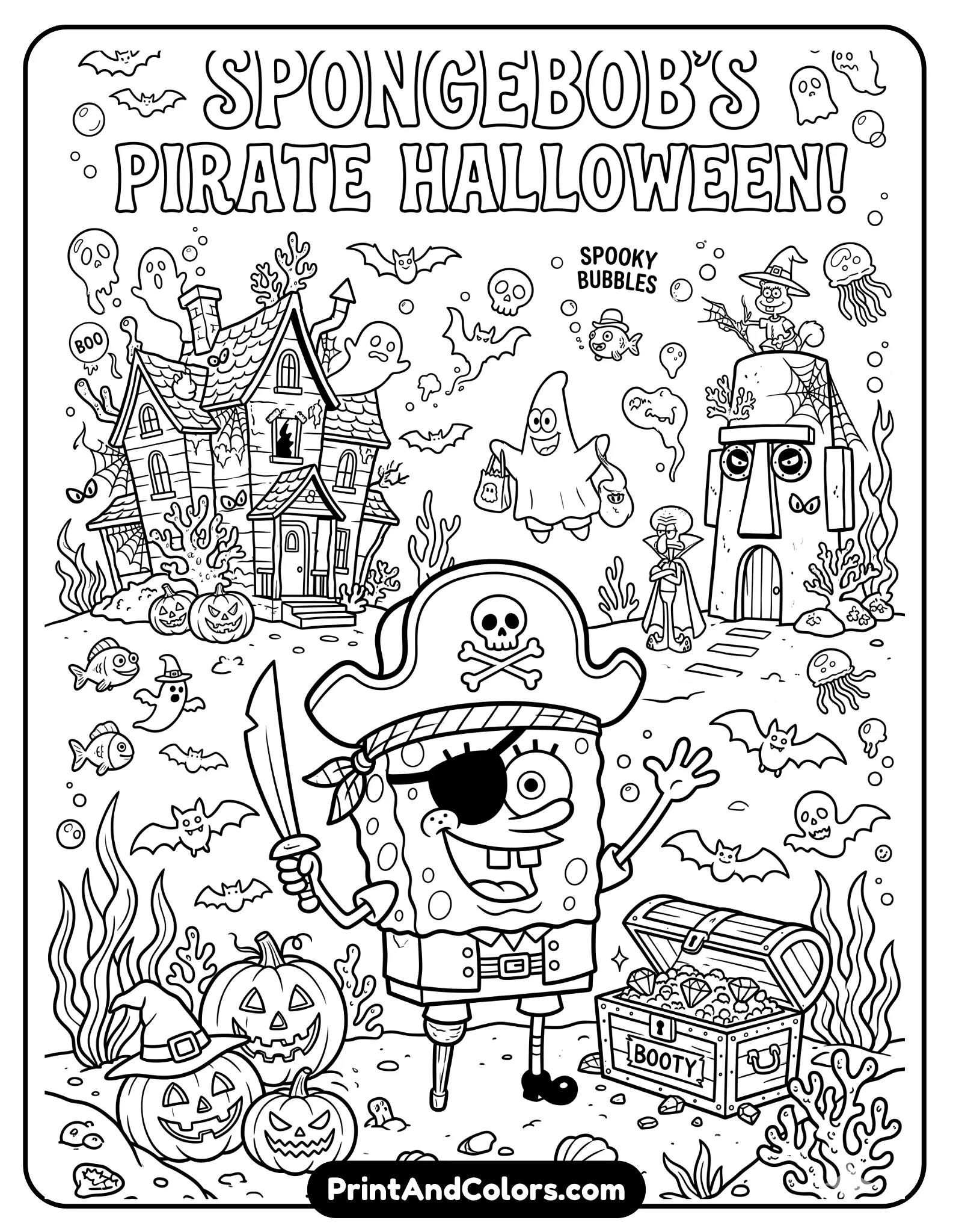 Black and white Halloween-themed coloring page of SpongeBob dressed as a pirate with pumpkins, bats, spooky bubbles, and underwater haunted decorations, fun cartoon line art, printable coloring sheet for kids