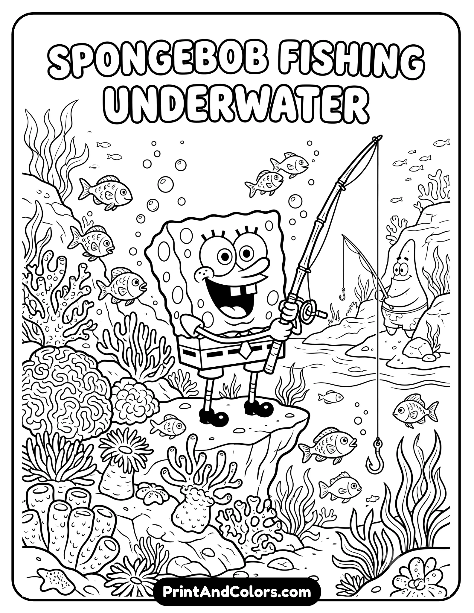 Detailed black and white coloring page of SpongeBob holding a fishing rod while standing underwater near rocks and coral, happy expression, bubbles and small fish around him, printable cartoon line art with thick clean outlines