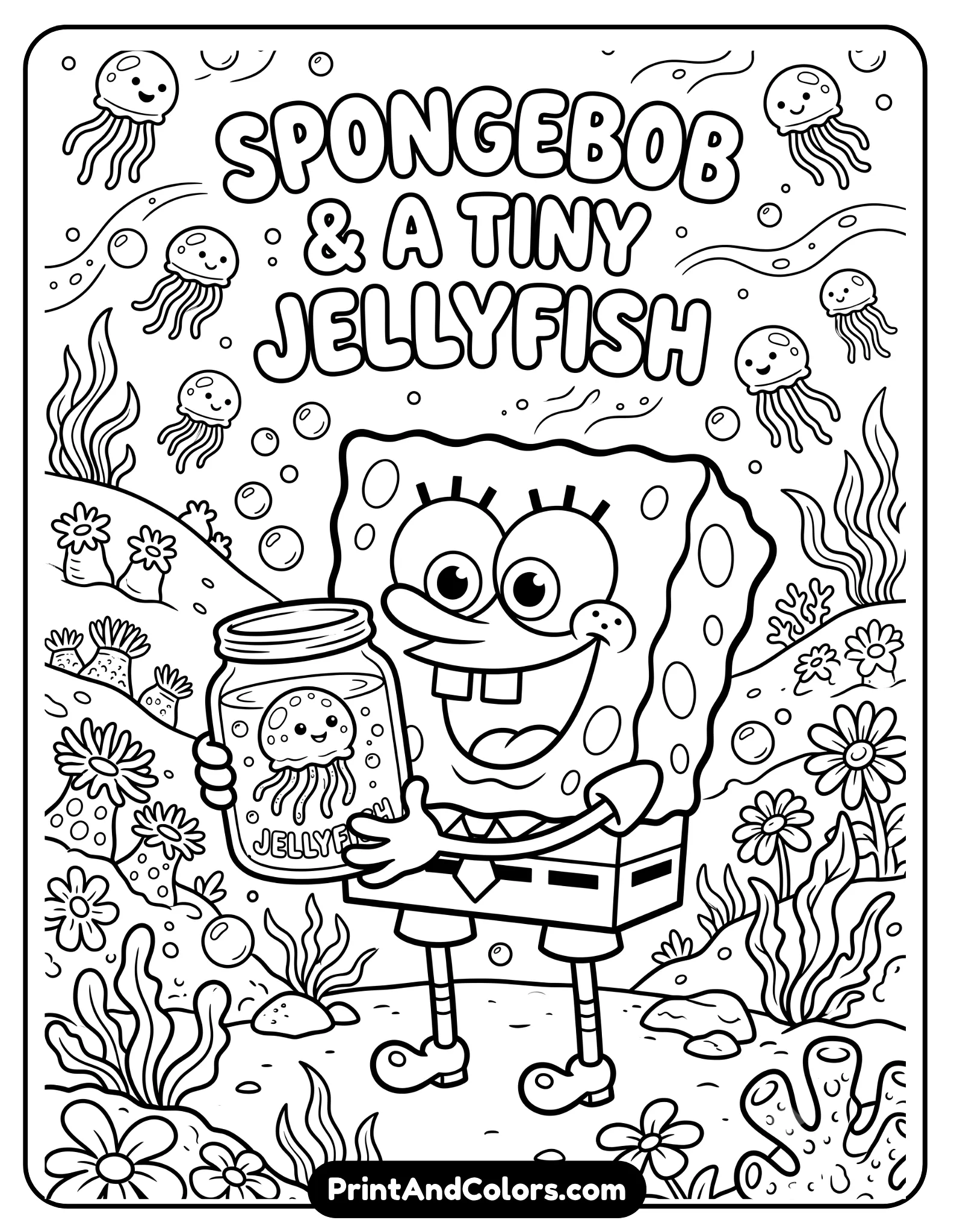 Black and white printable coloring page of SpongeBob happily holding a jar containing a tiny jellyfish, cheerful expression, Jellyfish Fields background with flowers and bubbles, detailed cartoon line art with bold outlines for coloring fun