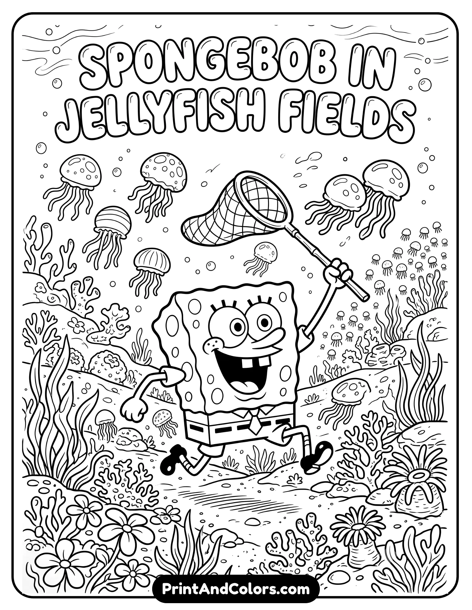 Black and white printable coloring page of SpongeBob chasing jellyfish in Jellyfish Fields, holding a jellyfish net, flowers and floating jellyfish around him, cheerful underwater cartoon scene with detailed line art