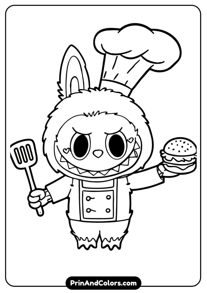 Fun black and white art of Labubu dressed as SpongeBob, holding a spatula with bubbles around