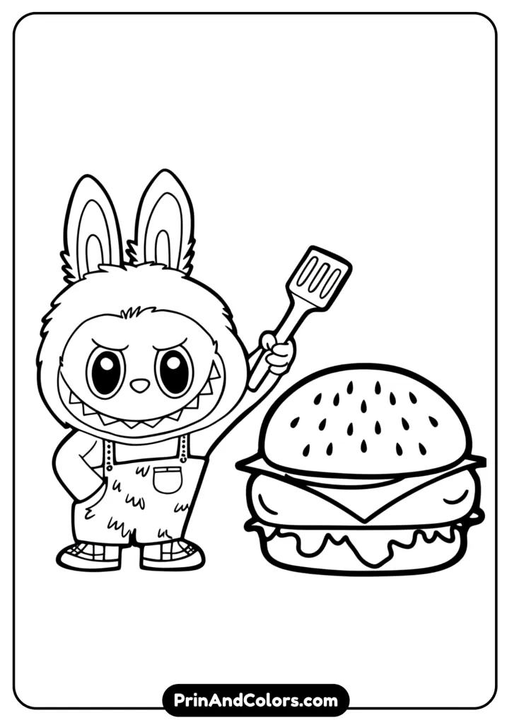 black and white coloring page of Labubu dressed as SpongeBob holding a burger and spatula with an underwater background.
