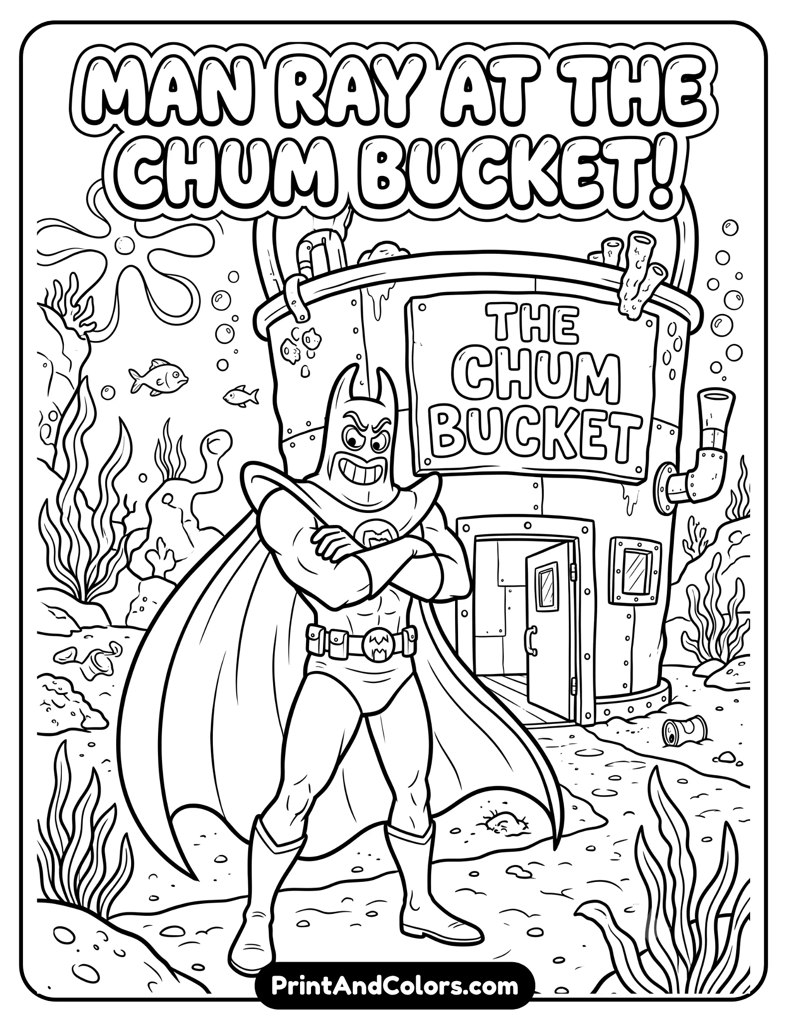 Detailed black and white line art coloring page of Man Ray standing menacingly outside the Chum Bucket, villain costume and cape flowing underwater, bubbles and restaurant details in background, printable comic-style cartoon artwork