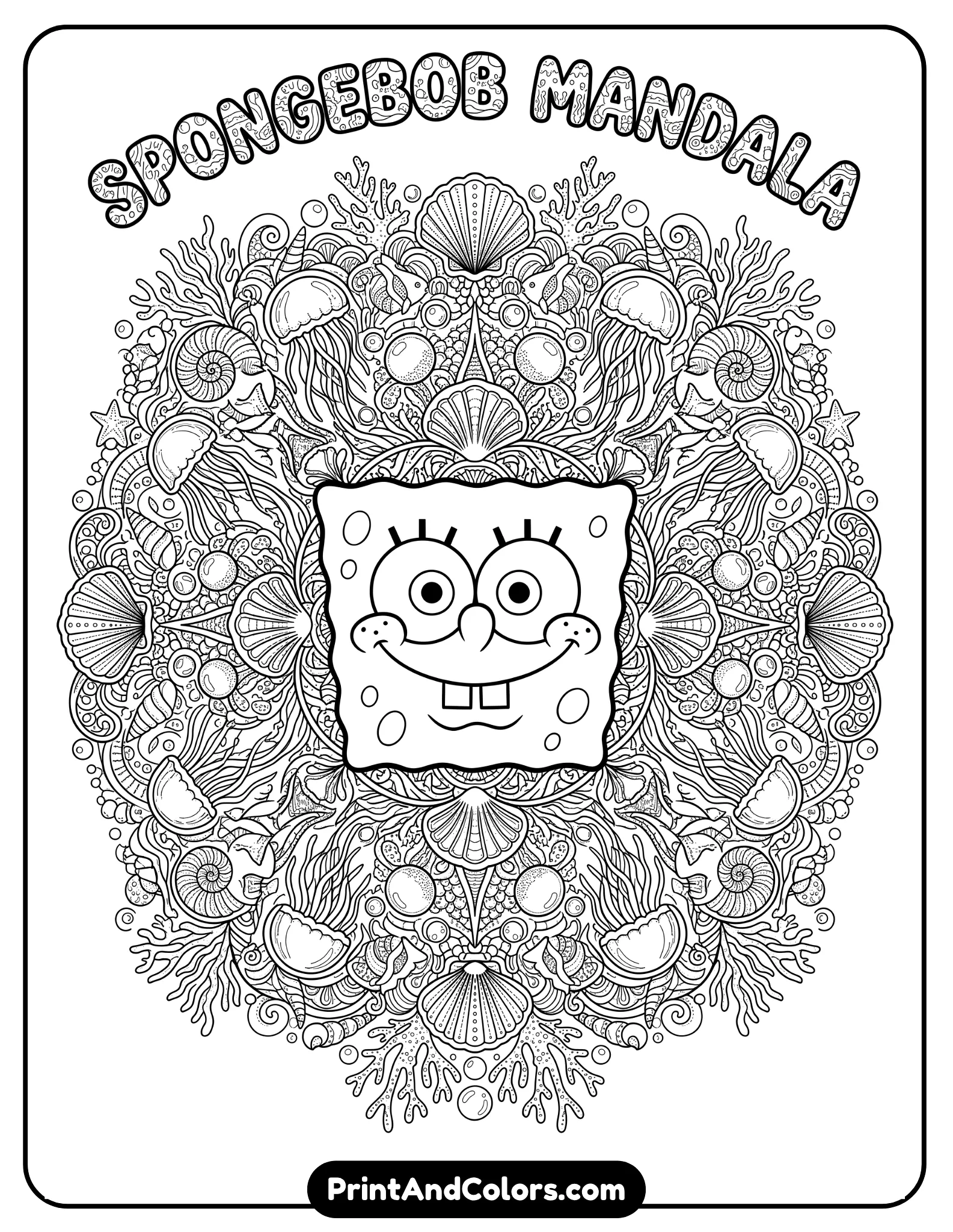 Intricate black and white mandala-style coloring page featuring SpongeBob’s face surrounded by seashells, jellyfish, bubbles, coral patterns, and geometric ocean-inspired designs, highly detailed line art for older kids and adults, printable format, no shading