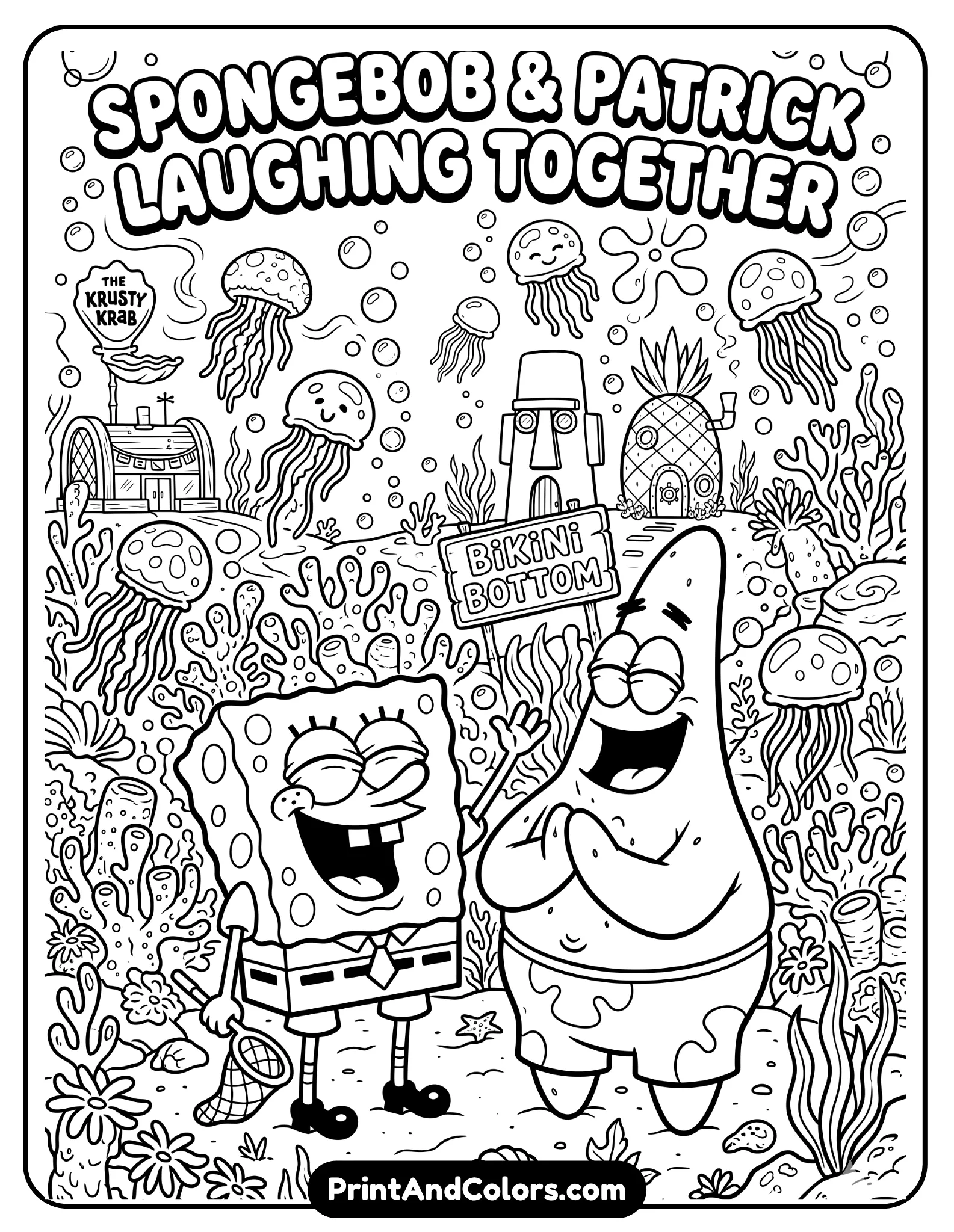 Detailed black and white coloring sheet of SpongeBob and Patrick laughing together in Bikini Bottom, jellyfish floating nearby, coral reefs and bubbles in background, cheerful cartoon scene with bold clean outlines, printable coloring activity page