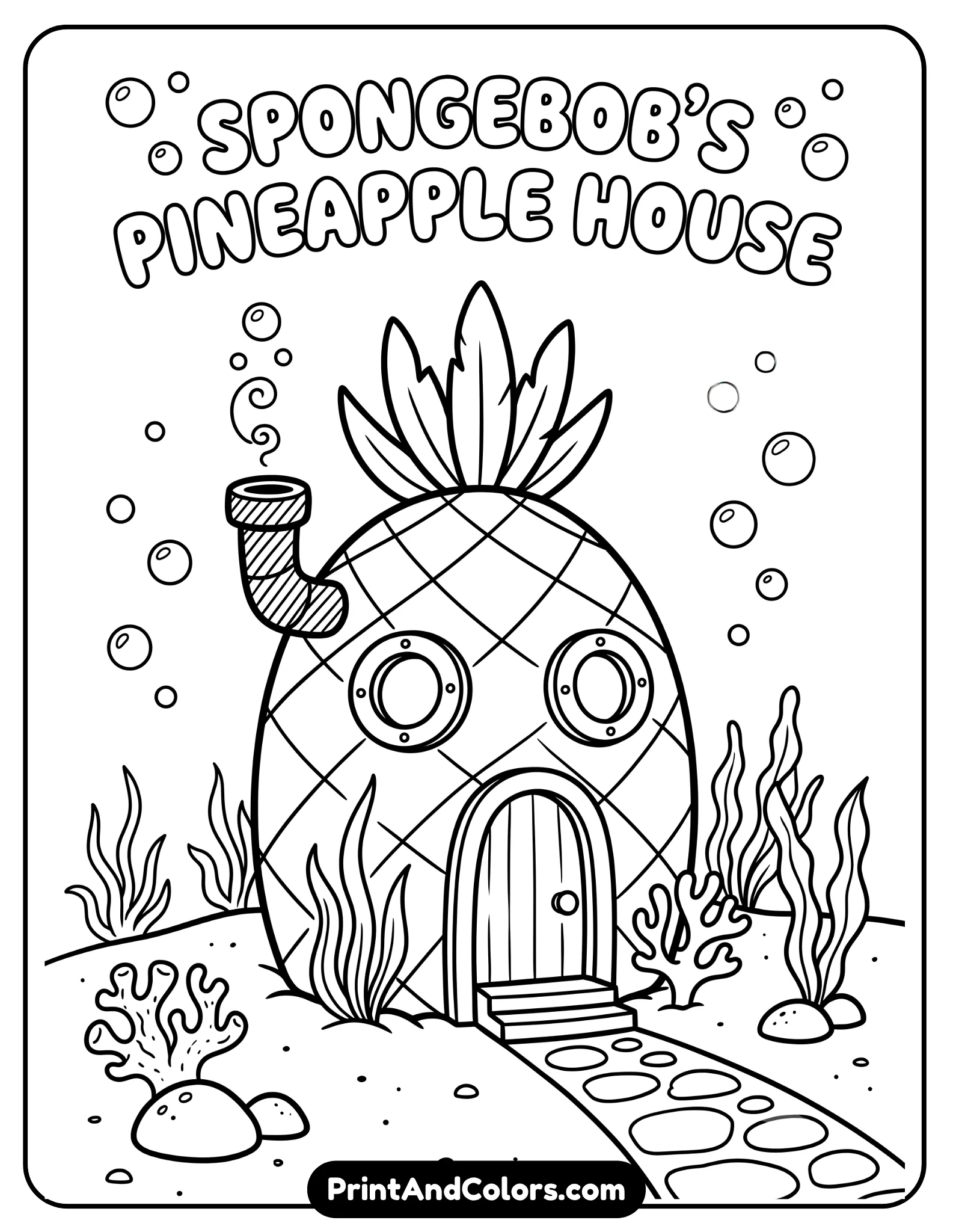 Simple black and white coloring sheet of SpongeBob’s pineapple house with round windows, chimney, front door, and pathway, surrounded by basic underwater plants and bubbles, easy cartoon outlines for preschool and beginner coloring activities.