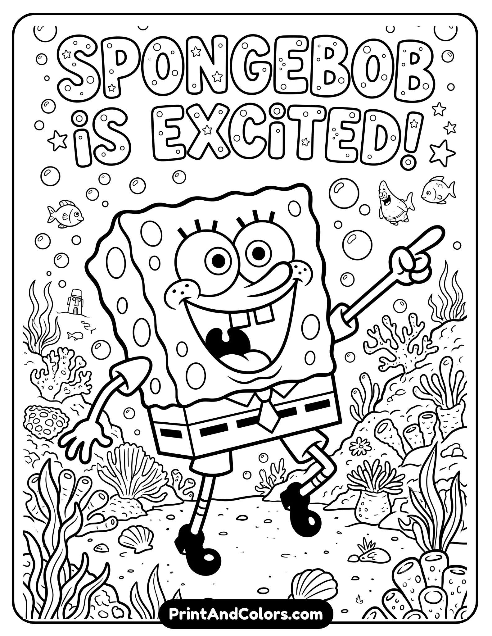 Black and white line art coloring page of SpongeBob pointing excitedly with a huge smile, energetic cartoon pose, underwater background filled with bubbles and coral, clean bold outlines, printable fun coloring design for children