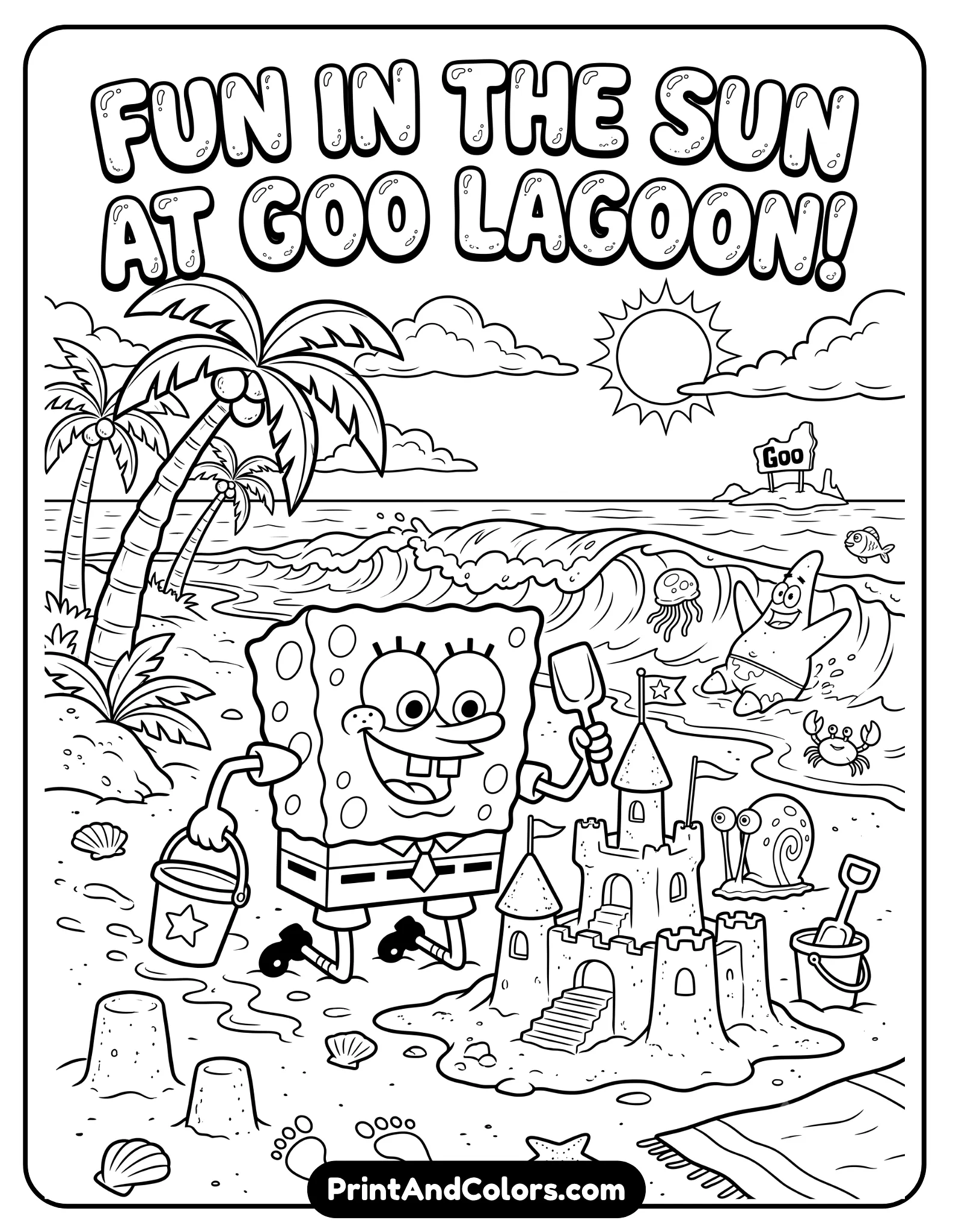Detailed black and white coloring page of SpongeBob building a sandcastle at Goo Lagoon beach, bucket and shovel in hand, sand structures, waves, palm trees, and sea creatures around, clean cartoon outlines, printable beach-themed coloring page