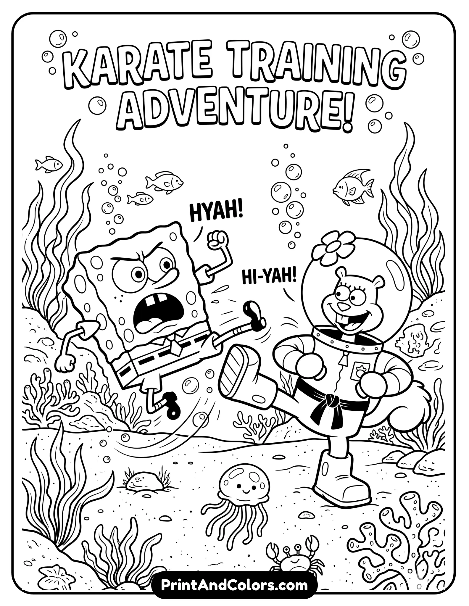 Black and white coloring sheet of SpongeBob and Sandy practicing karate moves together underwater, Sandy wearing her suit and SpongeBob in action pose, bubbles and sandy ground background, detailed printable line art